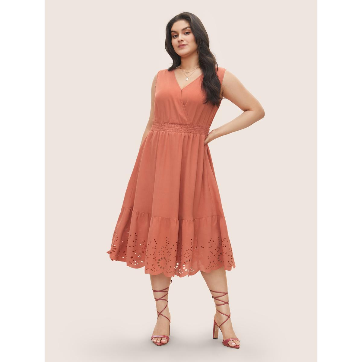 Plus Size Plain Laser Cut Shirred Wrap Tank Dress Coral Women Elegant Overlapping Overlap Collar Sleeveless Curvy Midi Dress BloomChic 18-20/2X Product Image