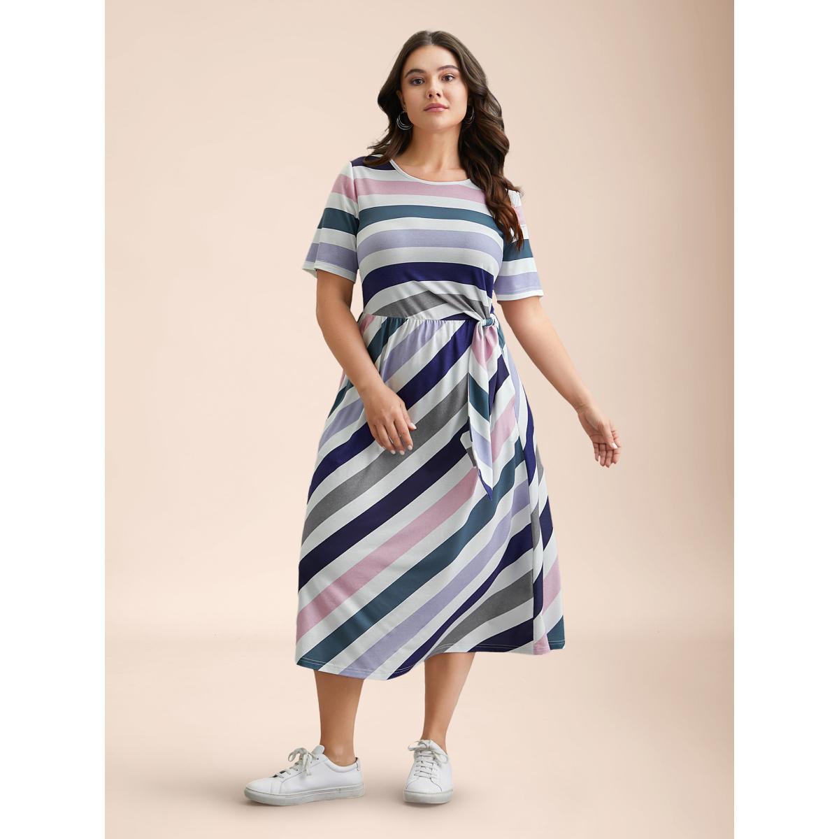 Plus Size Striped Waist-Tie Half Sleeve Midi Dress Multicolor Women Casual Tie knot Knit Dresses Bloomchic 18-20/2X Product Image