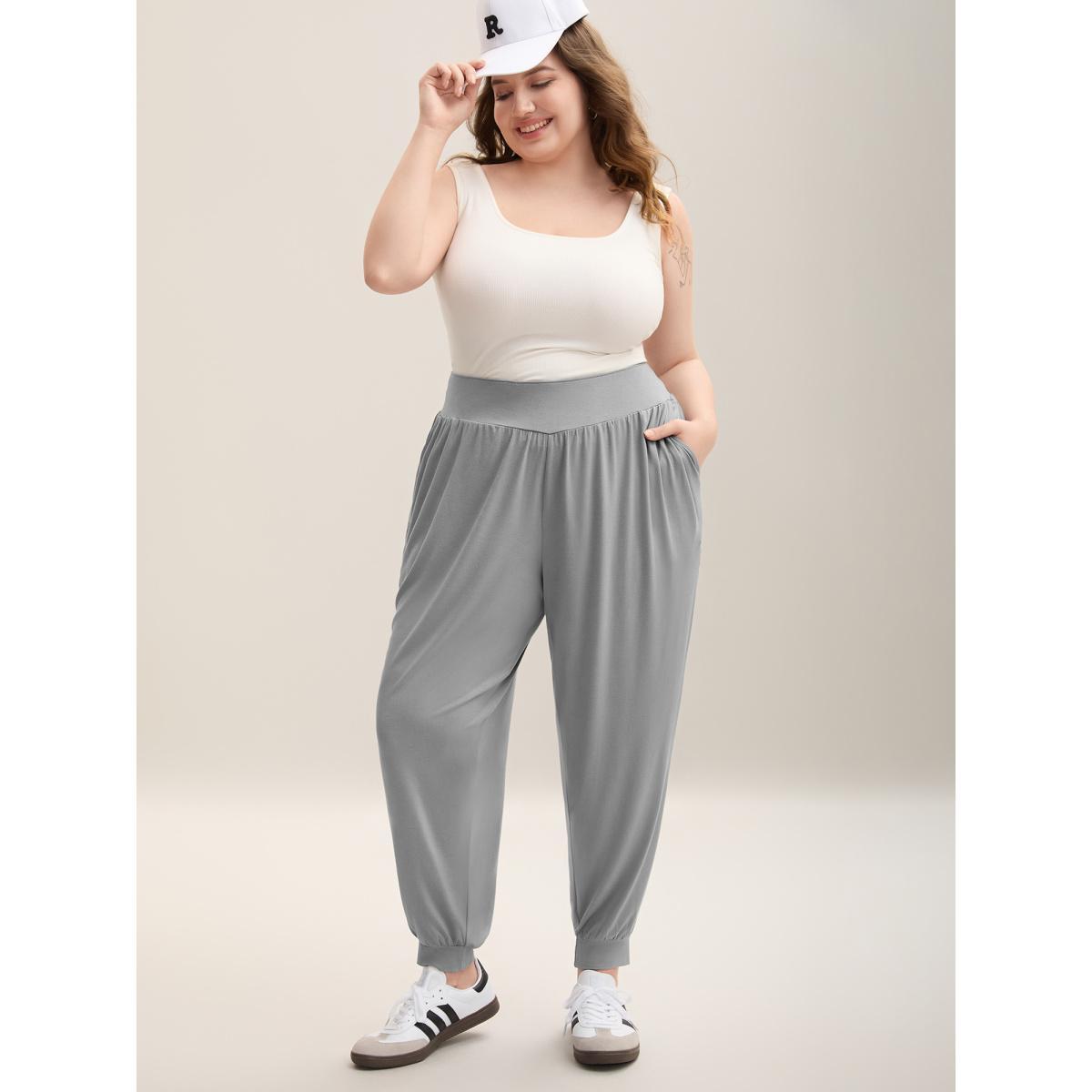 Plus Size Stretchy Waist Comfortable Fit Jogger Pants Women Silver Casual Loose Mid Rise Everyday Pants BloomChic 28/5X Product Image