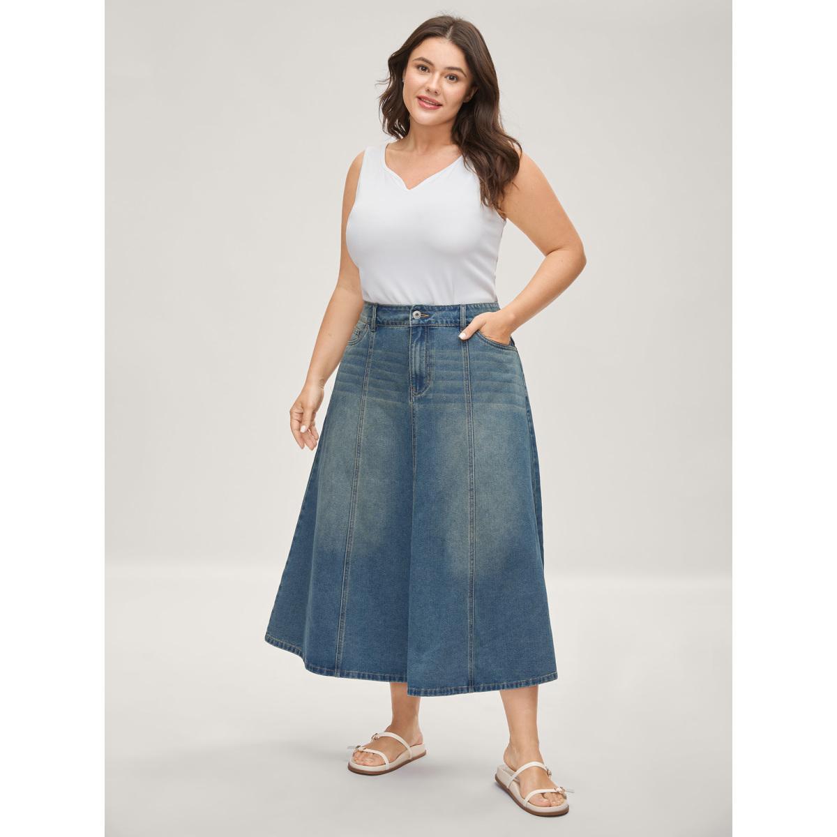 Plus Size Vintage Wash A-Line Denim Maxi Skirt Women Denimblue Everyday-Elegant No stretch Medium Wash 26/4X Slanted pocket Casual Denim Skirts BloomChic Product Image