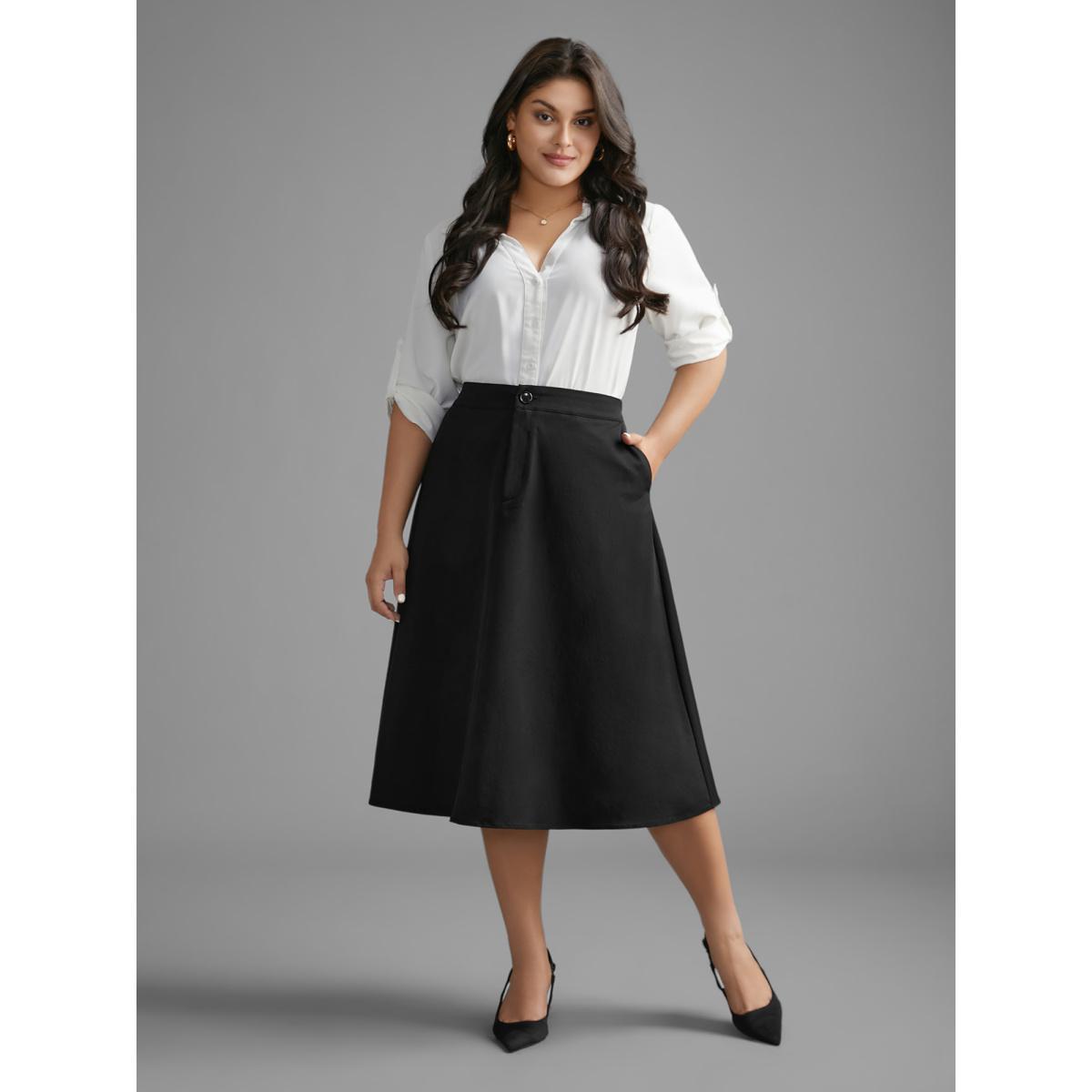 Plus Size Solid Button Up Slightly Stretchy Skirt Women Black At the Office Button Loose Low stretch Slanted pocket Work Skirts BloomChic 12/L Product Image