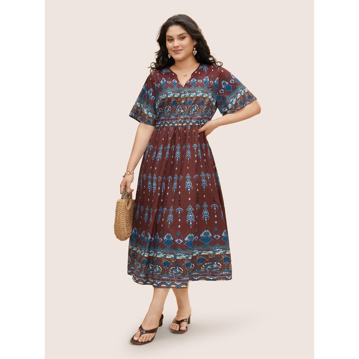 Plus Size Bandana Print Notched Button Detail Dress Scarlet Women Resort Gathered Notched collar Short sleeve Curvy BloomChic 26/4X Product Image