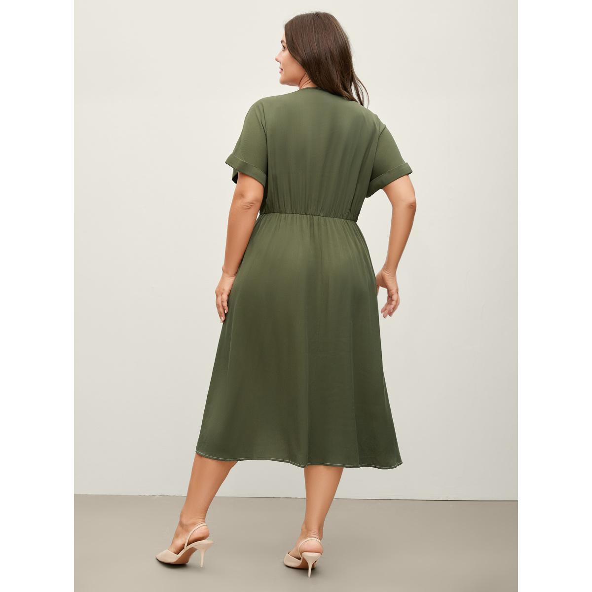 Plus Size Monochrome Zipper Front Pockets Midi Dress ArmyGreen Women V-neck Short sleeve Curvy BloomChic 22-24/3X Product Image