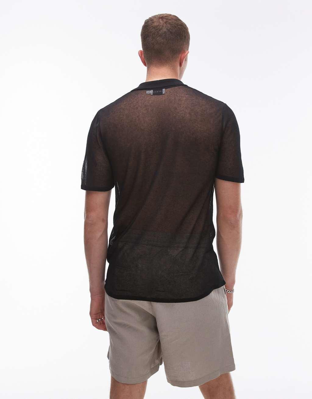 Topman sheer knitted polo in black Product Image