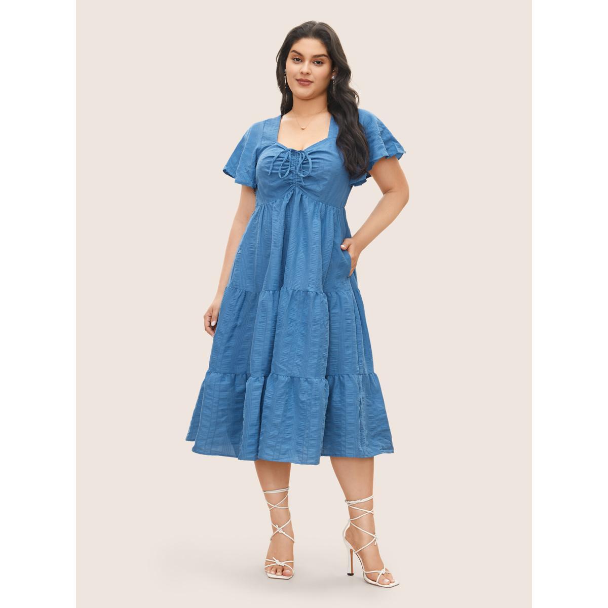 Plus Size Plain Ruched Drawstring Pocket Ruffle Tiered Dress Cerulean Women Elegant Non V-neck Short sleeve Curvy Midi Dress BloomChic 14-16/1X Product Image