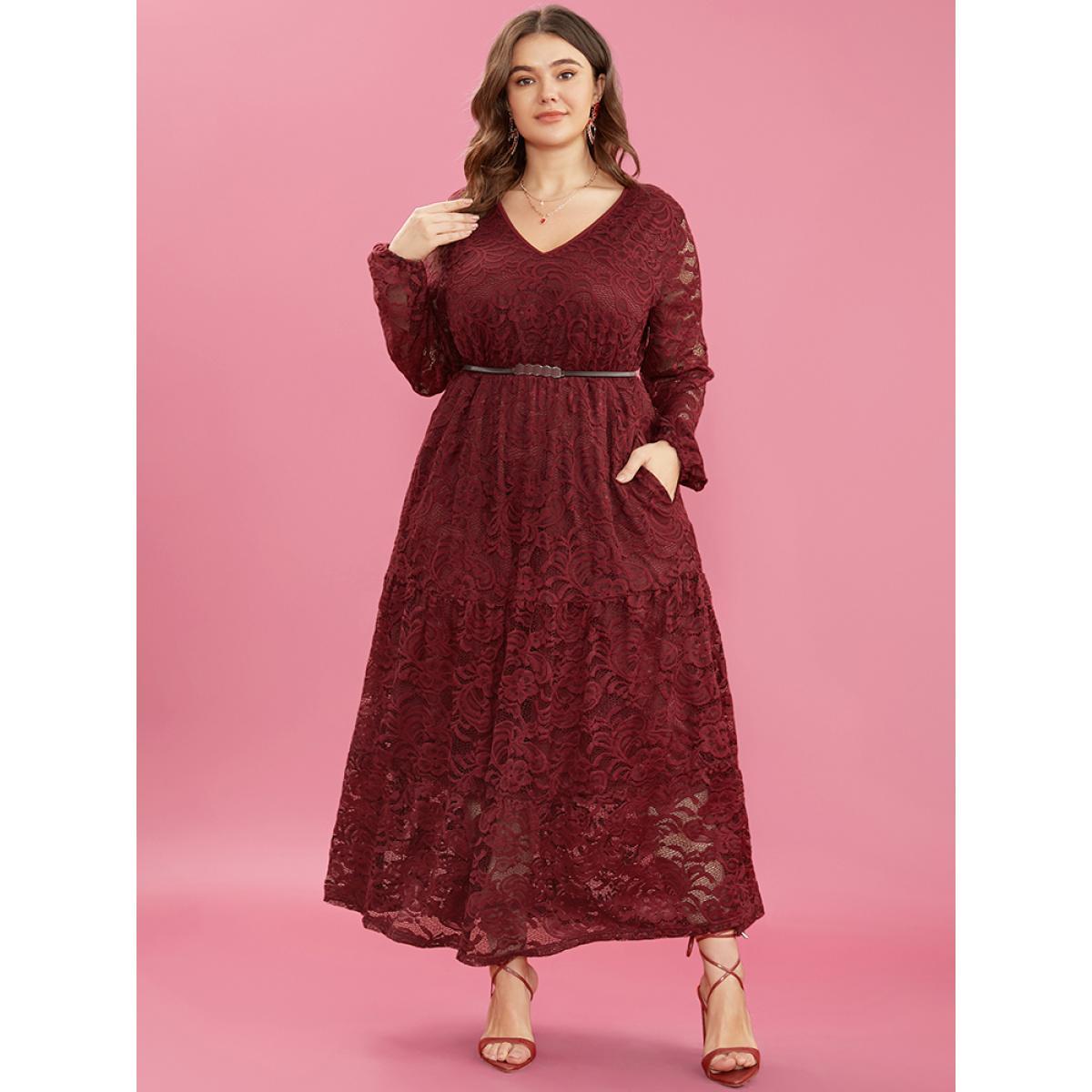 Plus Size Solid Crochet Lace Lantern Sleeve Pocket Flutter Maxi Dress Scarlet Women Glamour See through V-neck Long Sleeve Curvy Long Dress BloomChic 28/5X Product Image