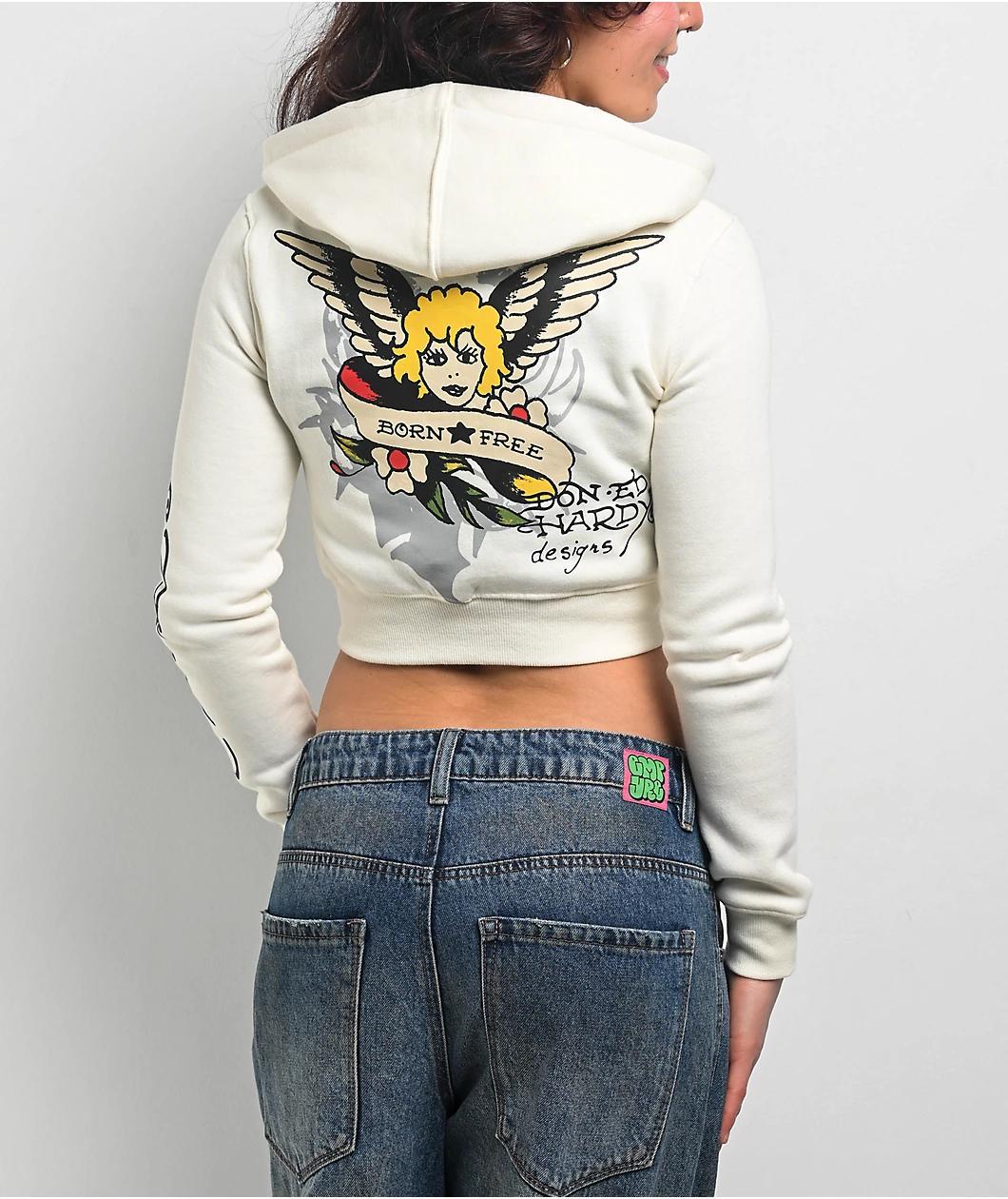 Ed Hardy Sacred Heart Ivory Crop Zip Hoodie Product Image