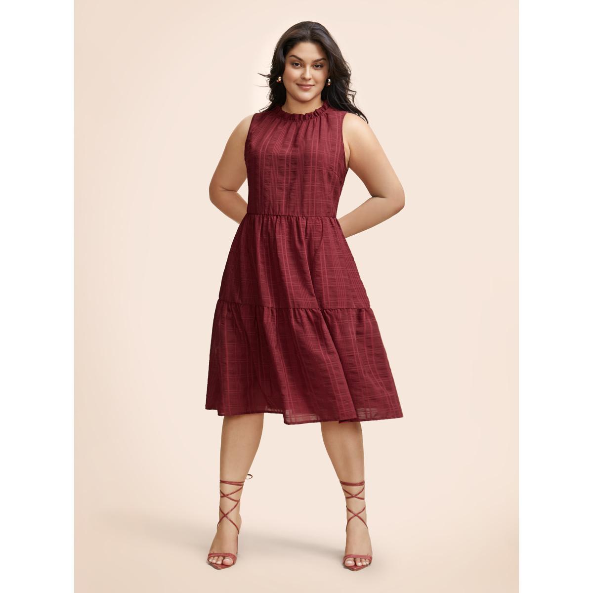 Plus Size Plaid Stand Collar Frill Trim Sleeveless Dress Burgundy Women Elegant Texture Stand-up collar Sleeveless Curvy BloomChic 30/6X Product Image