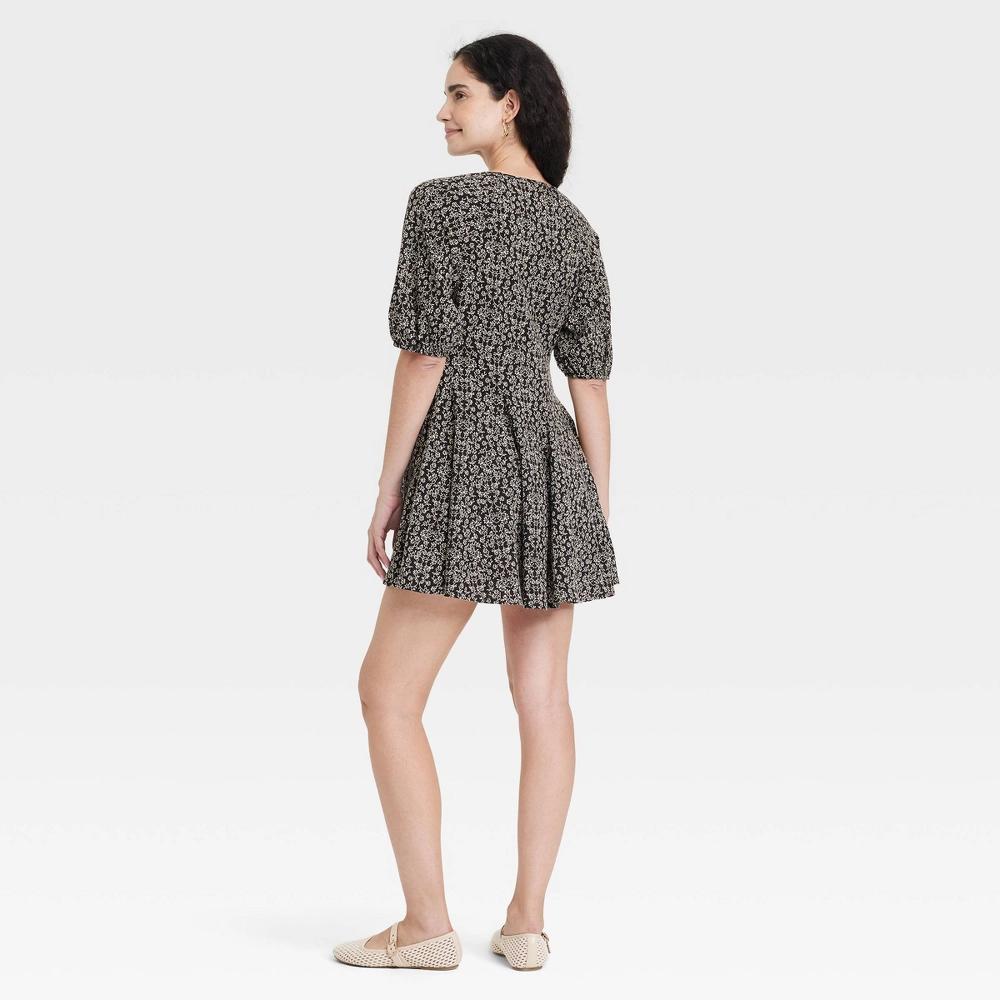Women's Bell Elbow Sleeve Mini A-Line Dress - Universal Thread™ Black Floral S: V Neck, Side Pocket, Woven Product Image