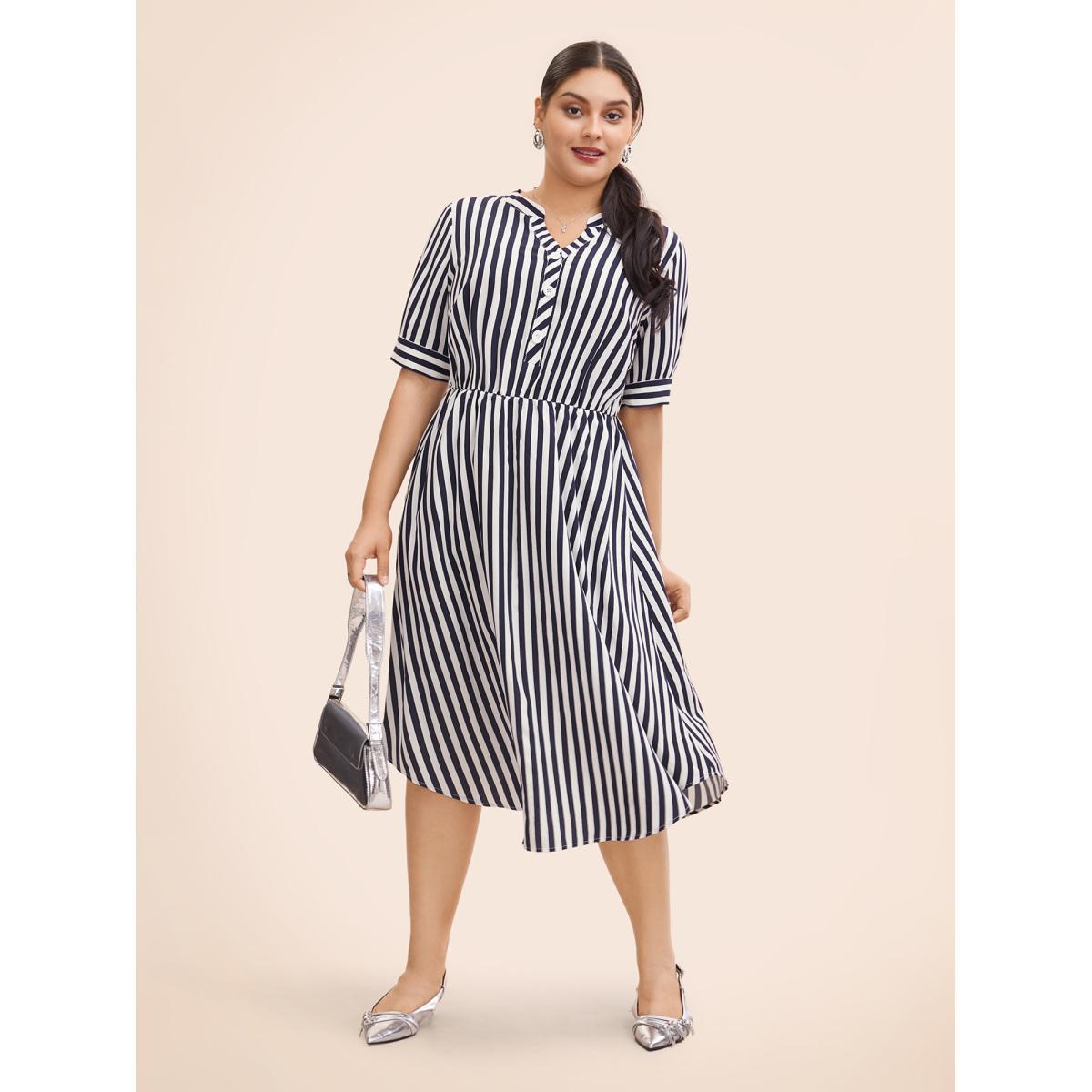 Plus Size Striped Notched Button Detail Midi Dress Navy Women At the Office Button Flat collar with V-notch Half Sleeve Curvy BloomChic 10/M Product Image