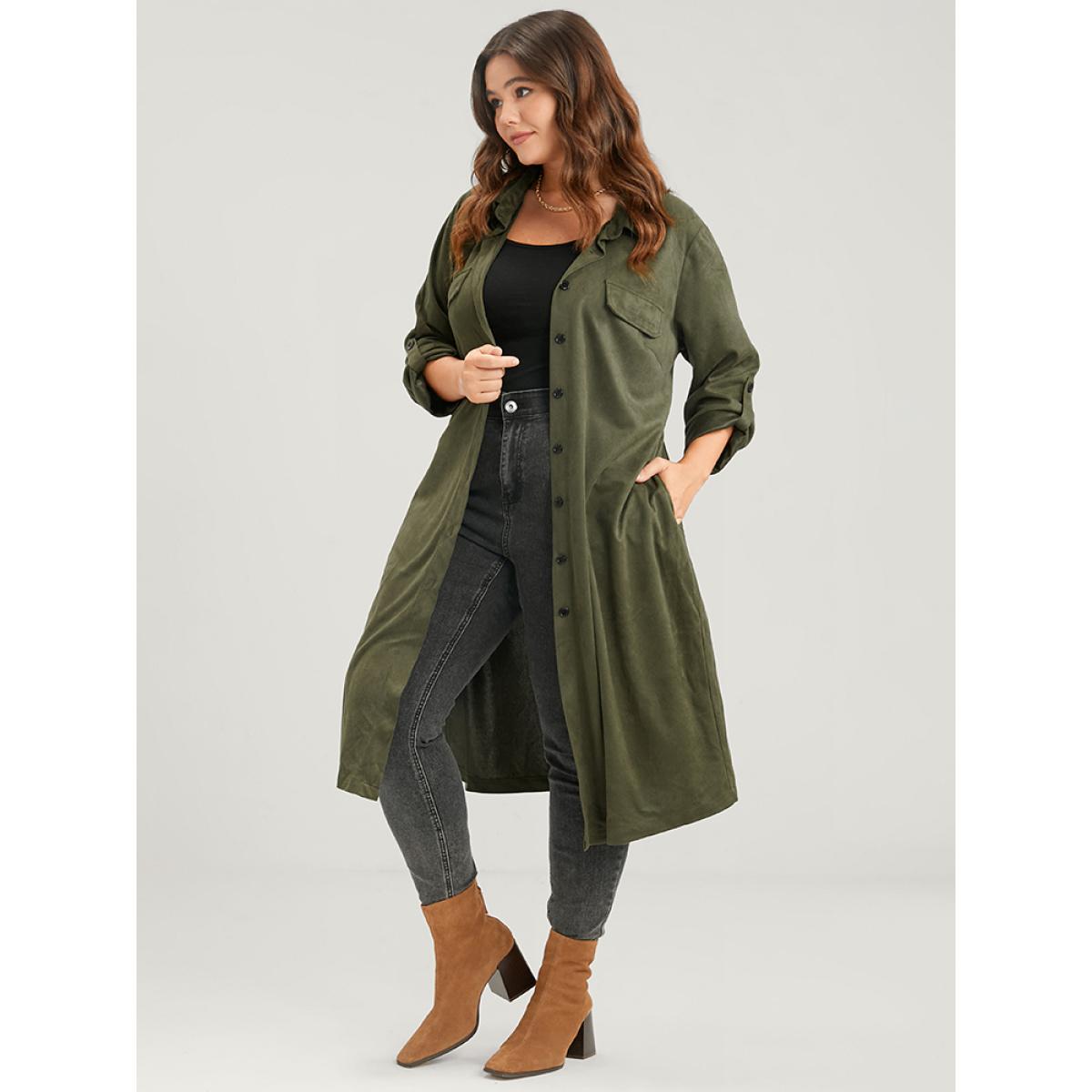 Plus Size Solid Cuffed Sleeve Pocket Button Down Belted Coat Women ArmyGreen Casual Belted Ladies Dailywear Winter Coats BloomChic 12/L Product Image
