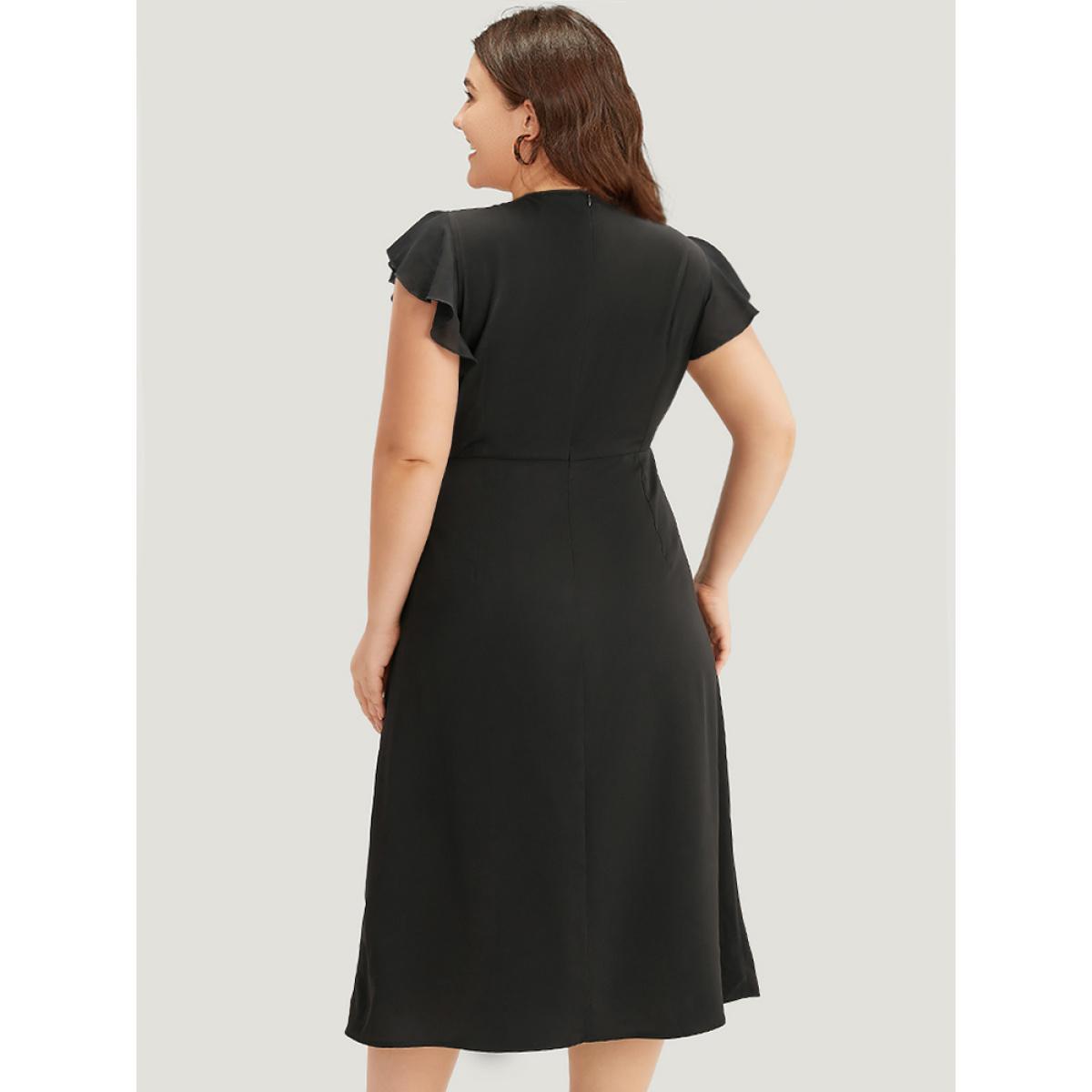 Plus Size Sequin Surplice Neck Ruffle Trim Zipper Dress Black Women Party Rhinestone detailing V-neck Sleeveless Curvy Midi Dress BloomChic 28/5X Product Image