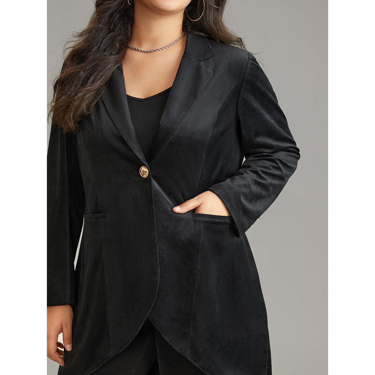 Plus Size Plain Velvet Metal Detail High Low Hem Coat Women Black At the Office Lined Ladies Work Winter Coats BloomChic 14-16/1X Product Image
