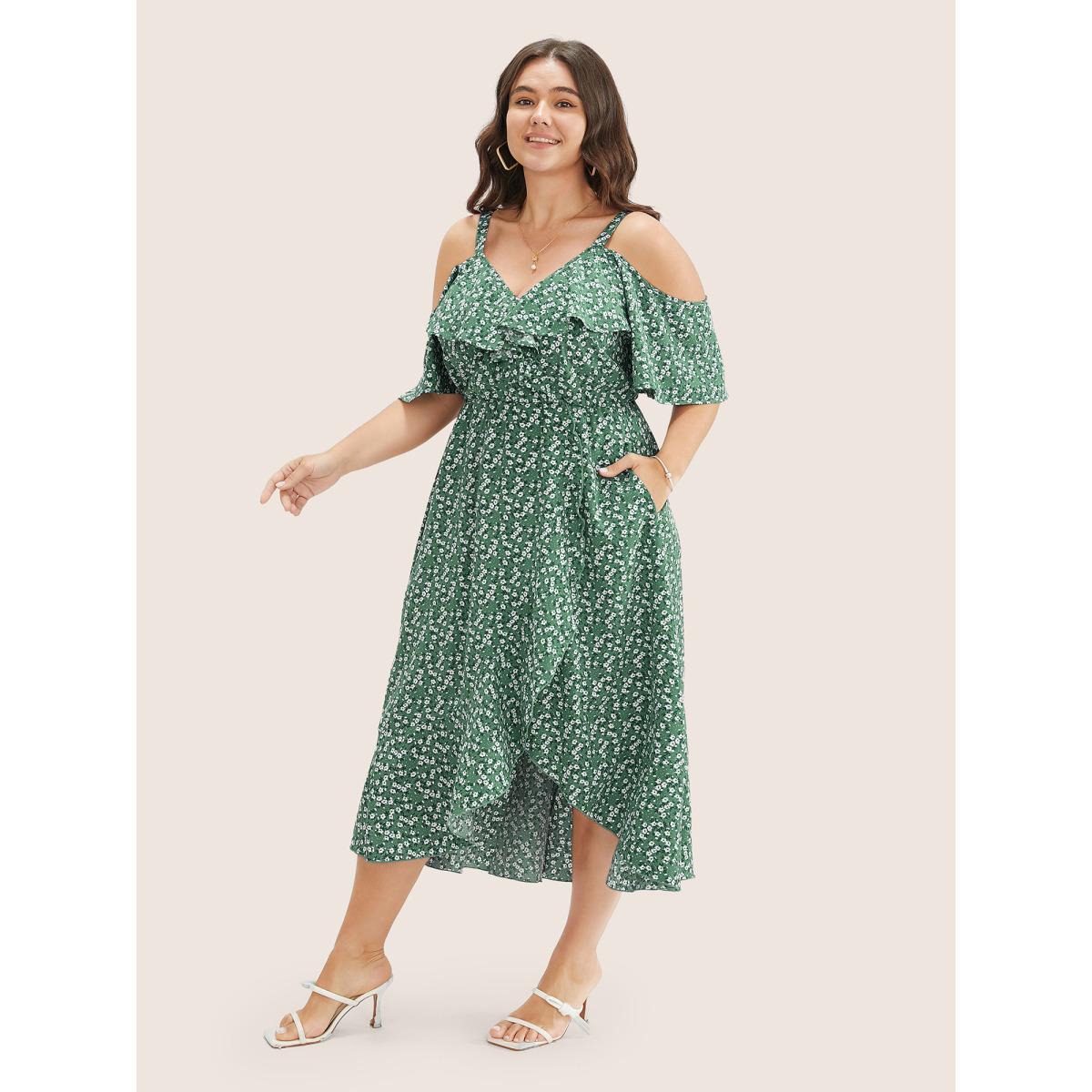 Plus Size Ditsy Floral Pocket Wrap Cold Shoulder Ruffle Dress Green Women Elegant Non Overlap Collar Short sleeve Curvy Midi Dress BloomChic 30/6X Product Image