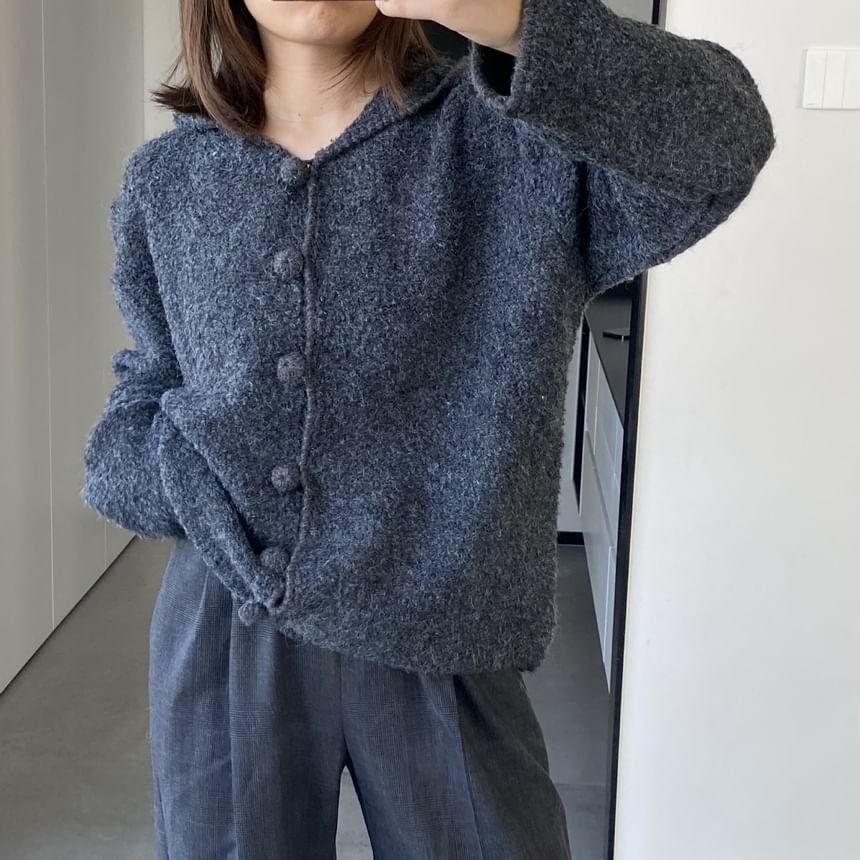 Hooded Plain Fluffy Button Cardigan Product Image