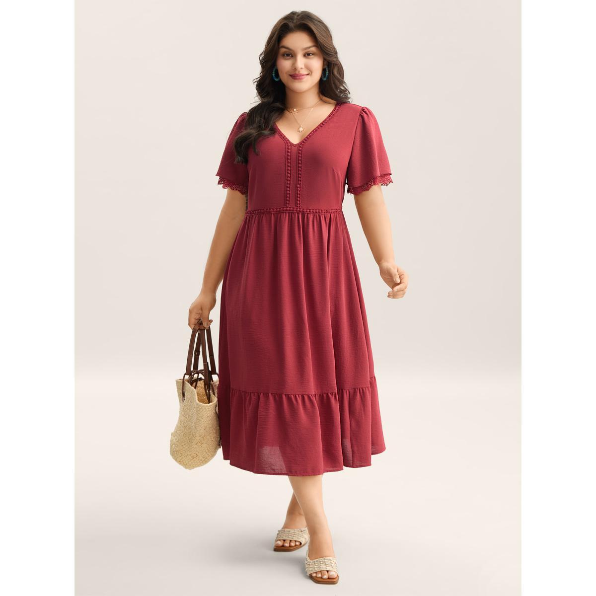 Plus Size Lace Trim Neck Sheer Pockets Maxi Dress Rust Women V-neck Short sleeve Curvy BloomChic 18-20/2X Product Image