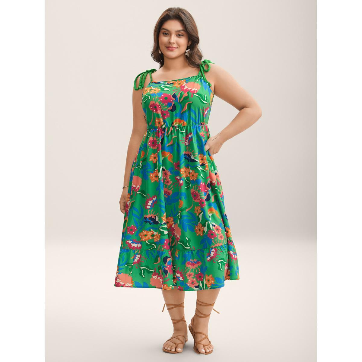 Plus Size Floral Print Braided Shoulder Straps Midi Dress Truegreen Women Non Sleeveless Curvy BloomChic 22-24/3X Product Image