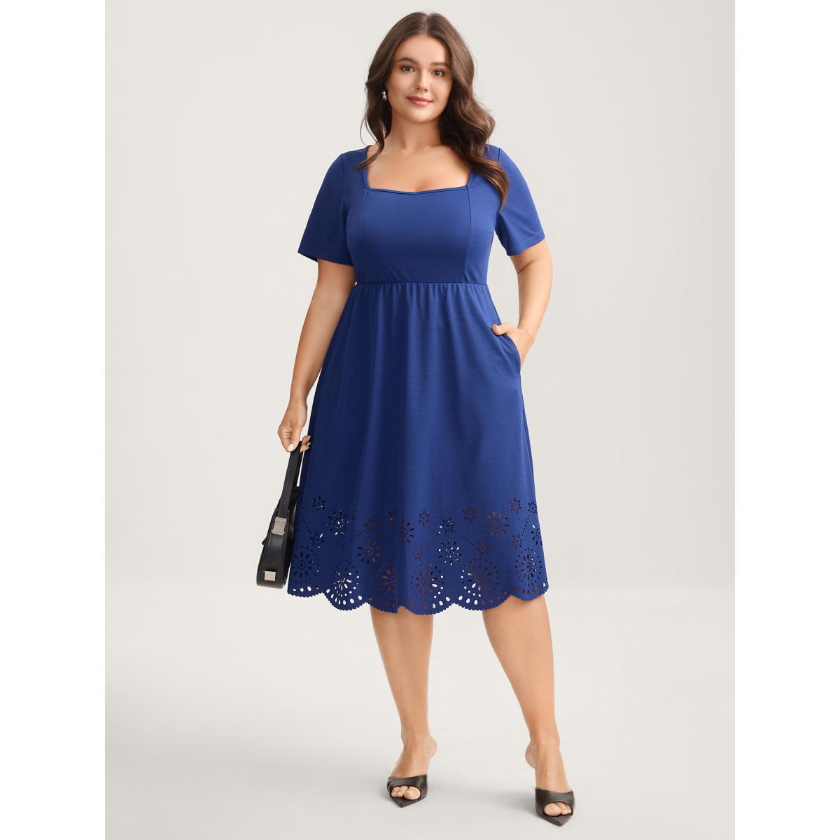 Plus Size Laser Cut Hem Square Neck Midi Dress Navy Women Knit Dresses Bloomchic 28/5X Product Image