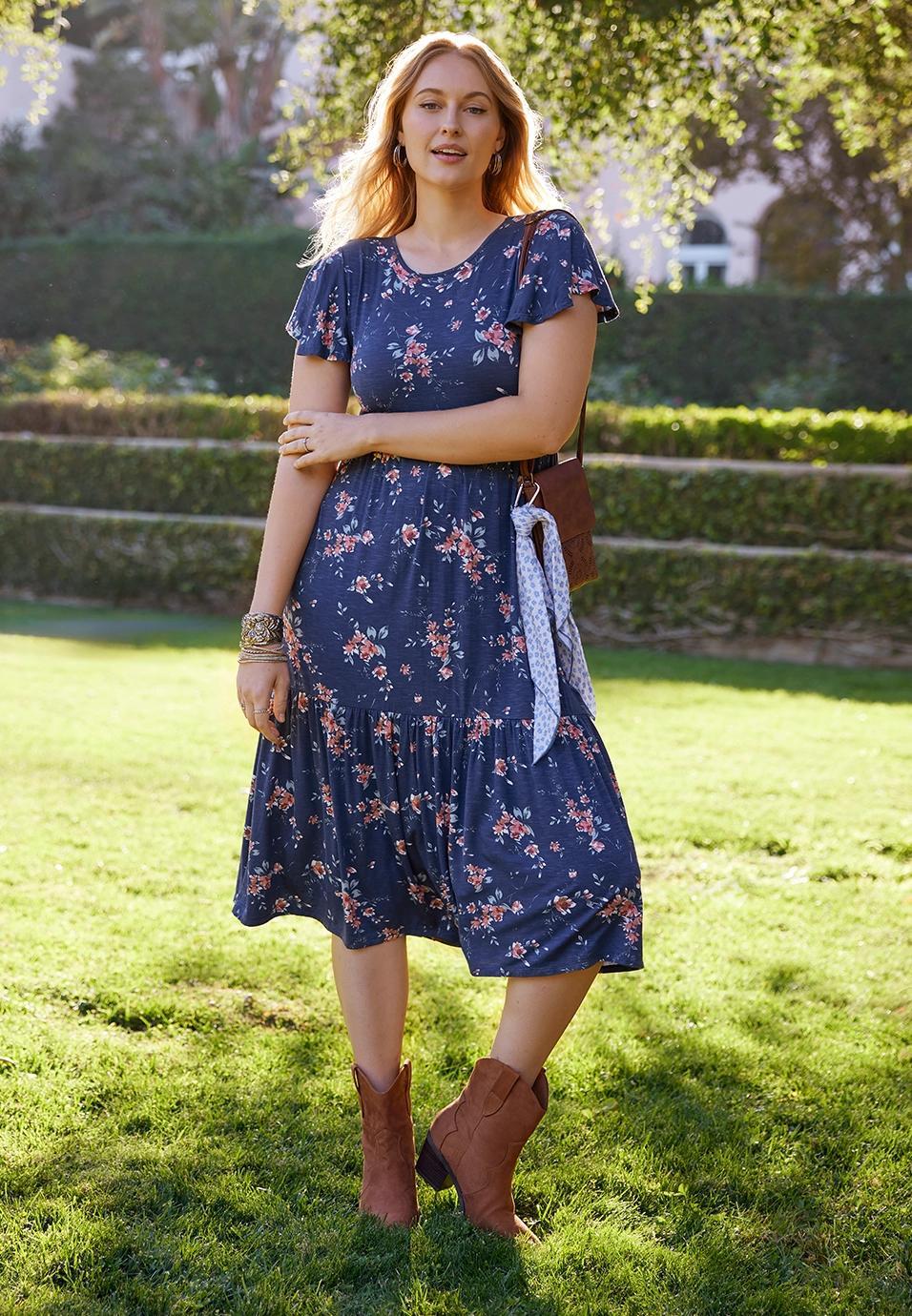 Maurices Womens 24/7 Flutter Sleeve Floral Midi Dress Product Image