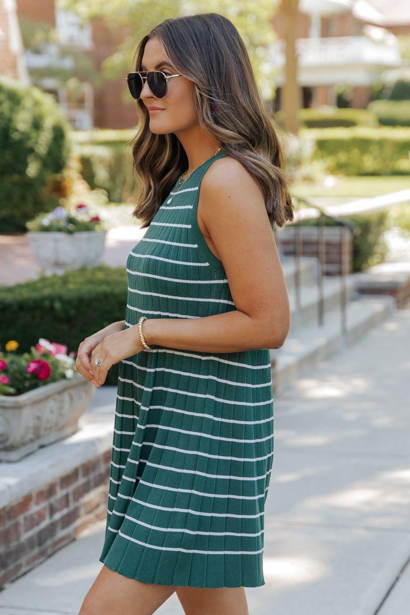 Green Stripe Pleated Mini Dress-FINAL SALE Product Image