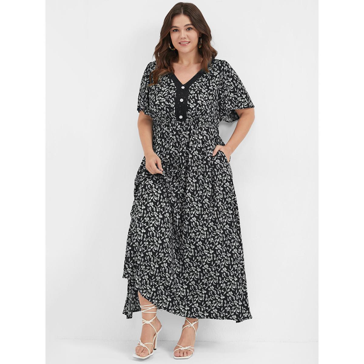 Plus Size Ditsy Floral Button Lace Pocket Split Ruffles Maxi Dress Black Women Elegant Printed V-neck Short sleeve Curvy Long Dress BloomChic 10/M Product Image