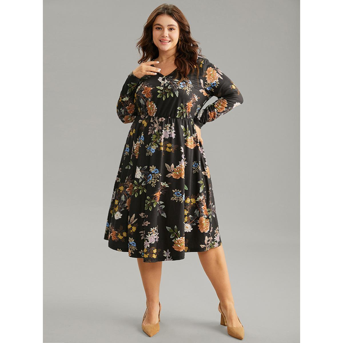 Plus Size Floral Print Button Detail Long Sleeve Midi Dress Black Women Elegant Printed V-neck Long Sleeve Curvy Midi Dress BloomChic 14-16/1X Product Image