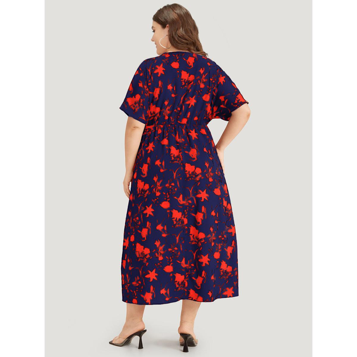 Plus Size Silhouette Floral Print Surplice Neck Elastic Waist Dress Navy Women Elegant Wrap V-neck Short sleeve Curvy Midi Dress BloomChic 14-16/1X Product Image