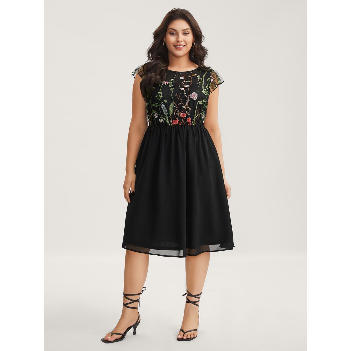 Plus Size Mesh Floral Embroidery Midi Dress Black Women Round Neck Cap Sleeve Curvy BloomChic 14-16/1X Product Image