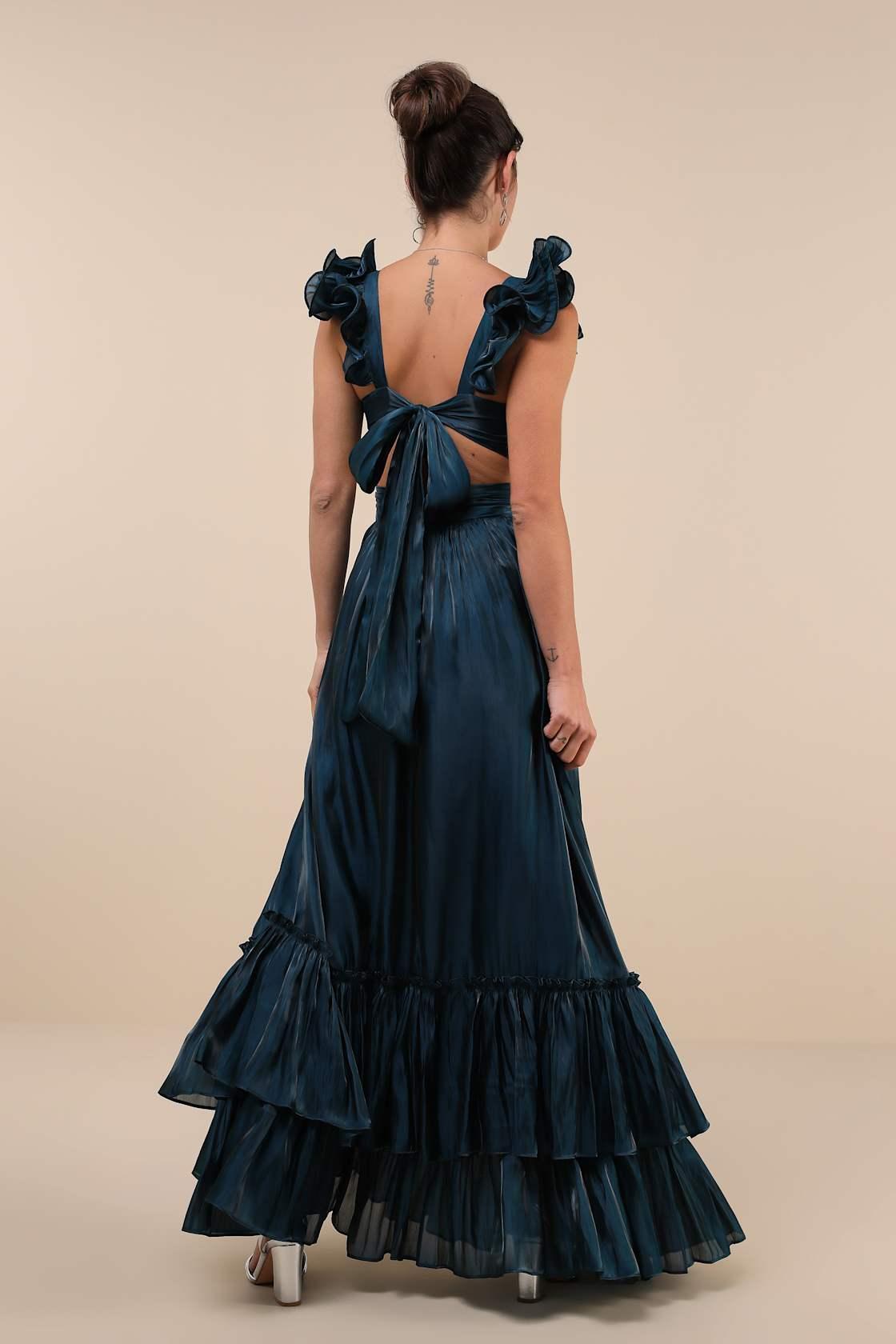 Pristine Glow Dark Teal Ruffled Tie-Back Maxi Dress Product Image