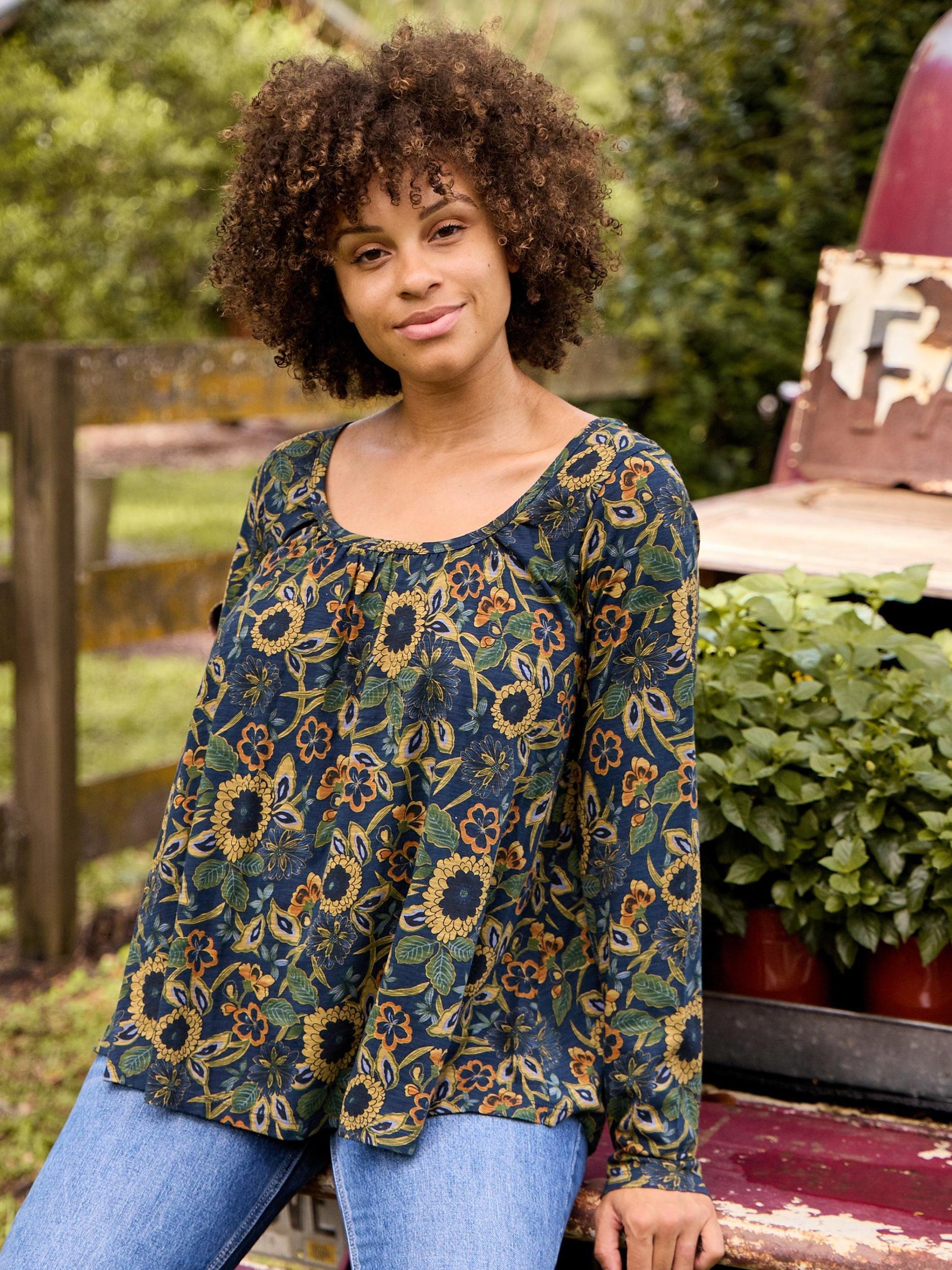 Long Sleeve Iris Top - Navy Tan Dahlias Product Image