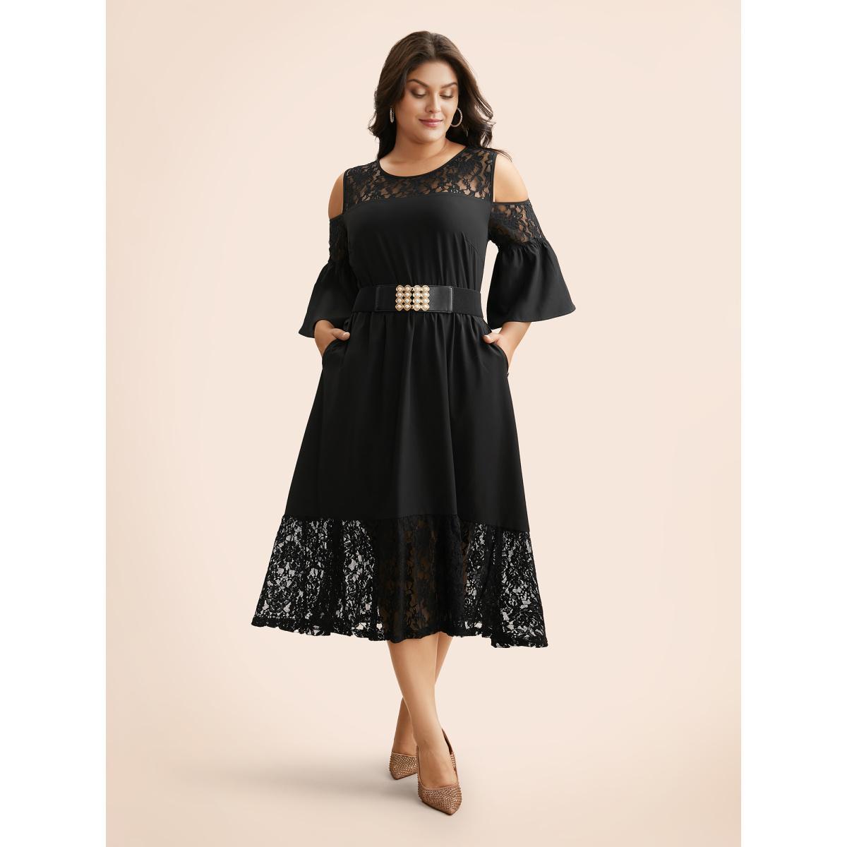 Plus Size Crochet Lace Mesh Ruffle Sleeve Dress Black Women Cocktail Woven ribbon&lace trim Round Neck Elbow-length sleeve Curvy BloomChic 26/4X Product Image