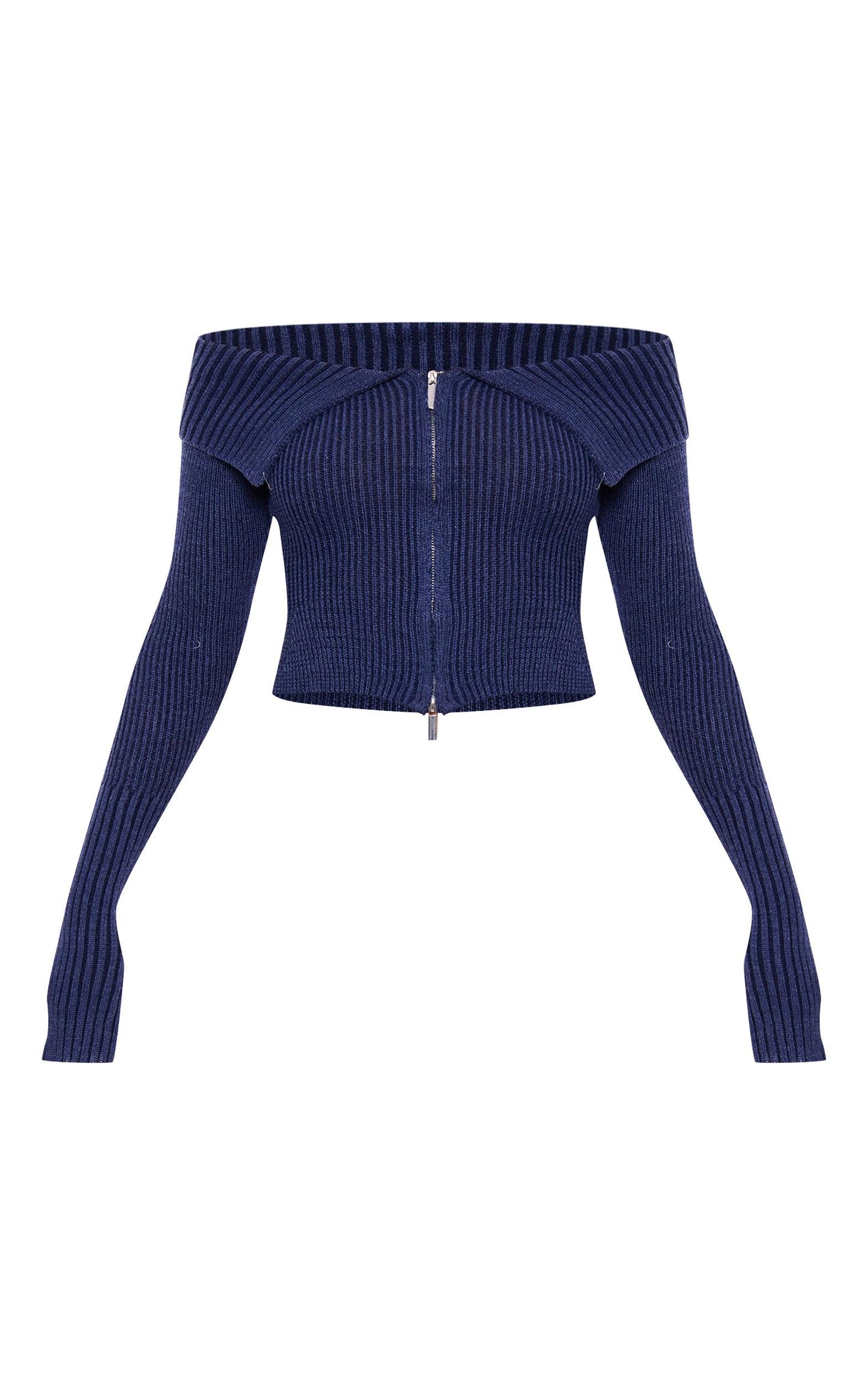 Navy Thick Rib Knit Foldover Zip Up Bardot Top Product Image