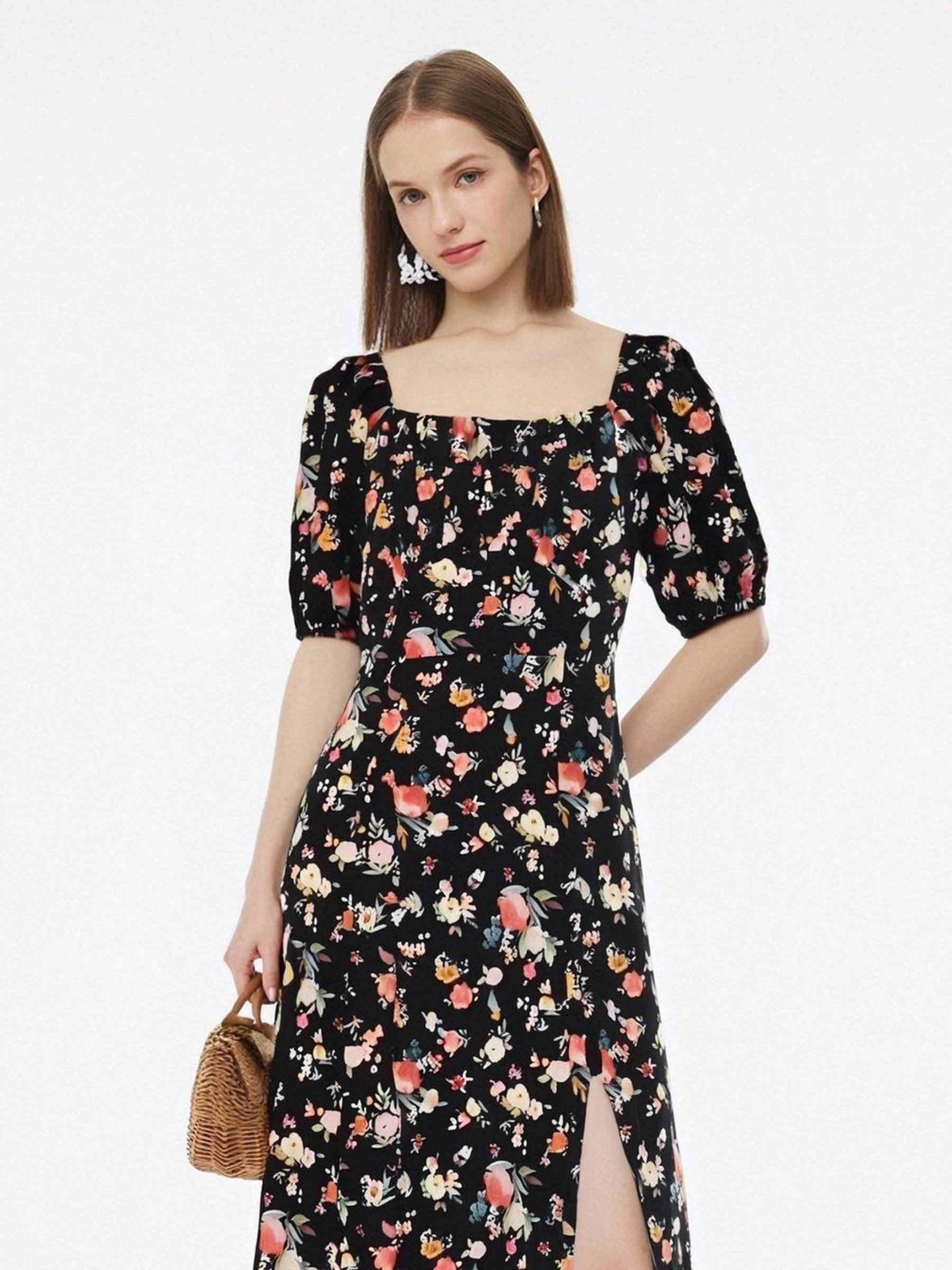 16MM Mulberry Silk Square Neck Women Side Slit Maxi Dress Product Image