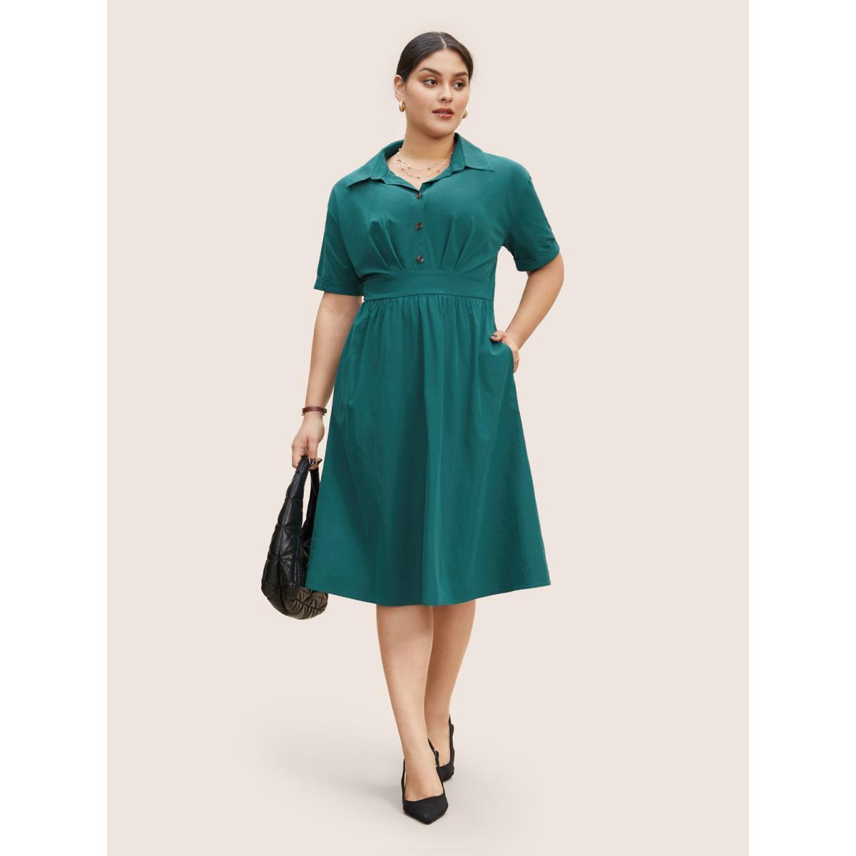 Plus Size Shirt Collar Pleated Button Detail Gathered Midi Dress Cyan Women Work From Home Gathered Shirt collar Short sleeve Curvy BloomChic 22-24/3X Product Image