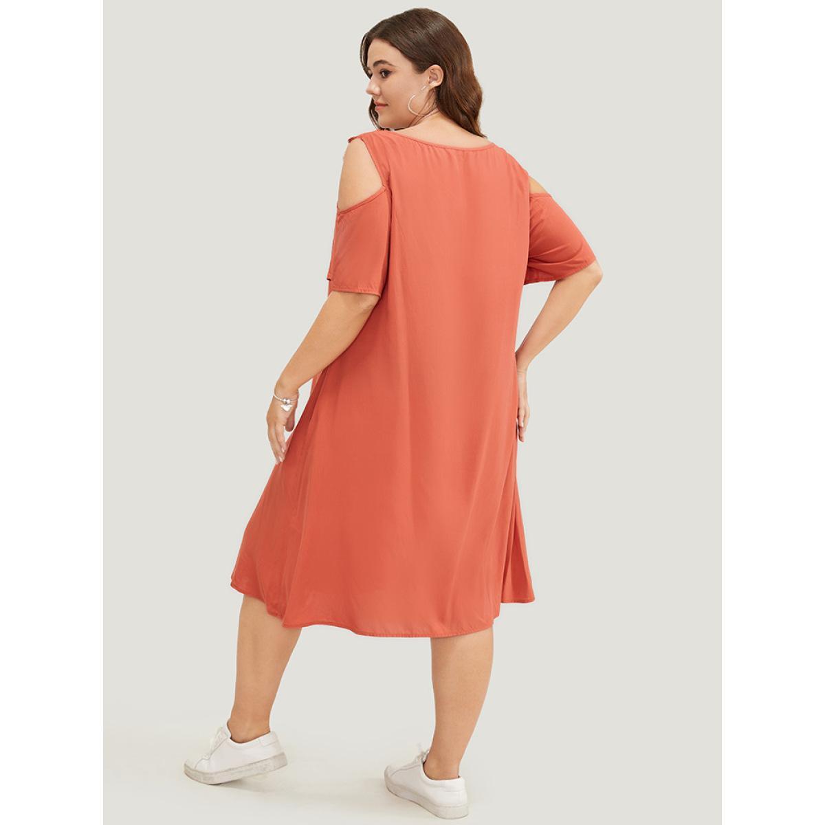 Plus Size Solid Contrast Lace Pocket Cold Shoulder Midi Dress Coral Women Casual Lace Cold Shoulder Short sleeve Curvy Midi Dress BloomChic 18-20/2X Product Image