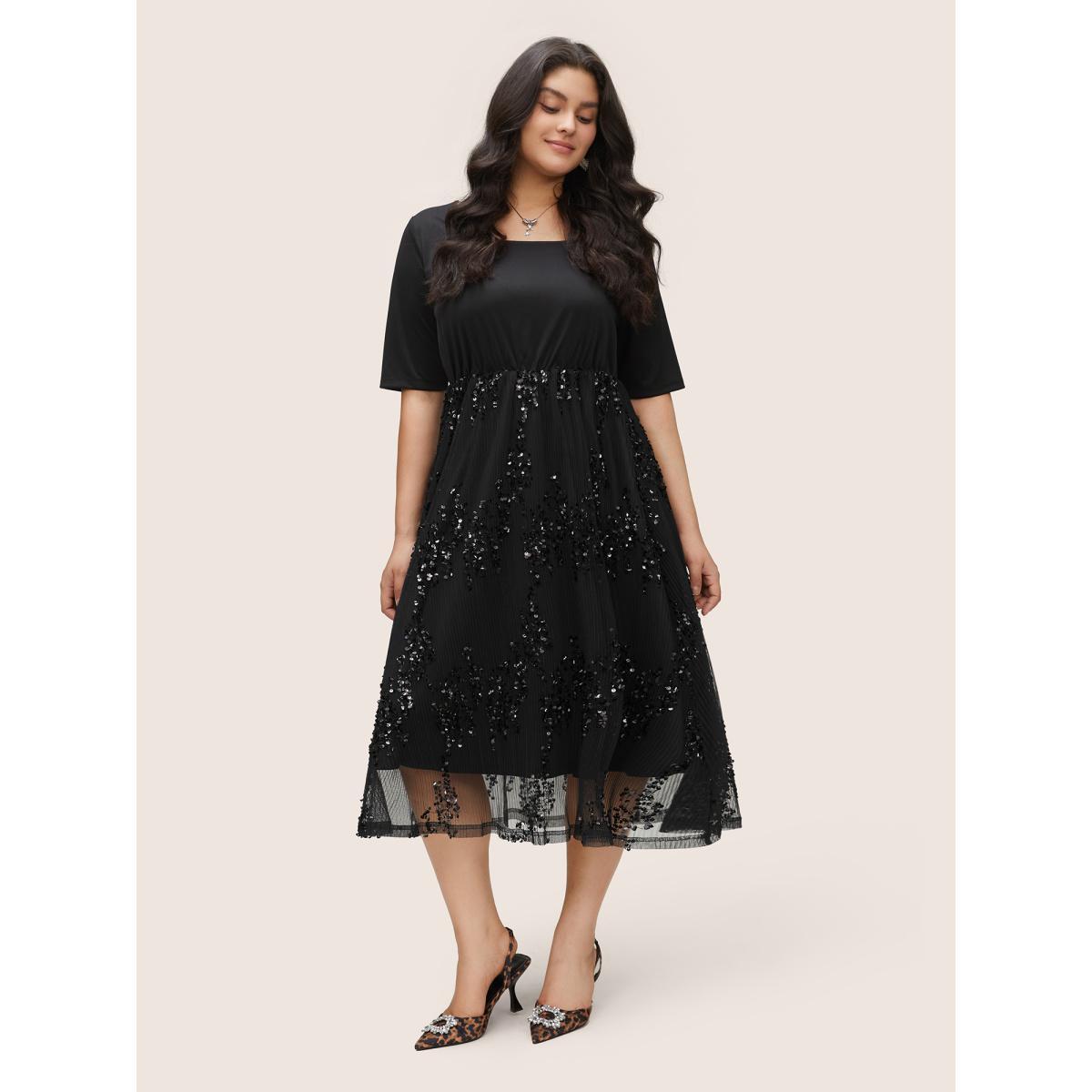 Plus Size Sequin Mesh Patchwork Square Neck Elastic Waist Dress Black Women Cocktail Sequin Square Neck Half Sleeve Curvy Midi Dress BloomChic 30/6X Product Image