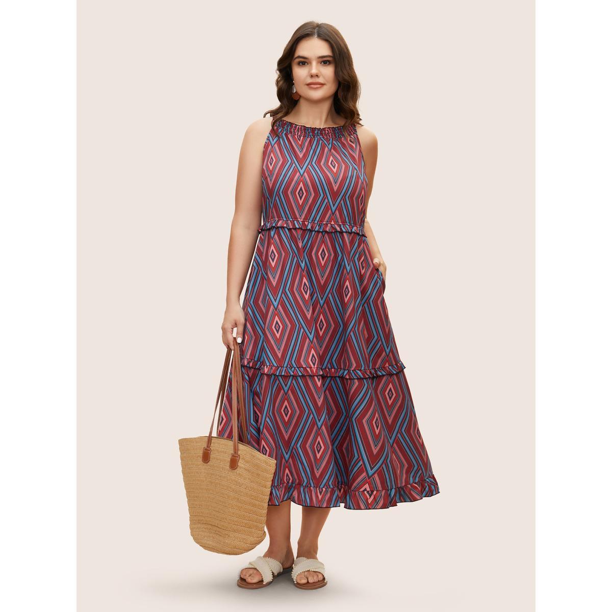 Plus Size Geometric Frill Trim Ruffle Layered Hem Dress Rosered Women Elegant Frill Trim Round Neck Sleeveless Curvy BloomChic 14-16/1X Product Image