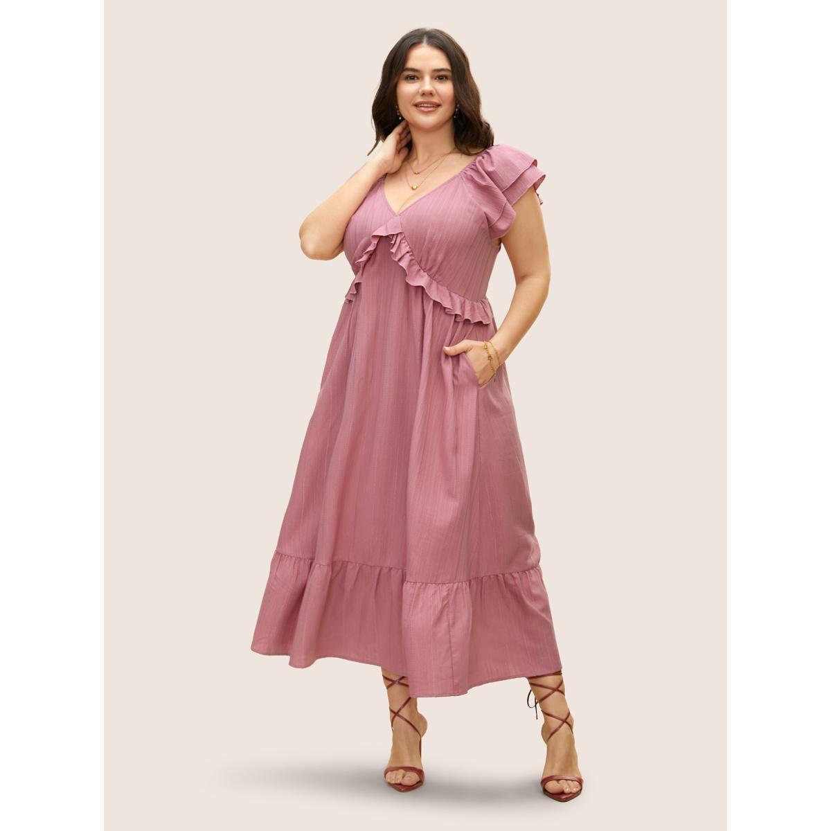 Plus Size Plain Textured Tiered Ruffle Sleeve Dress Beanpastepowder Women Elegant Tiered V-neck Cap Sleeve Curvy BloomChic 14-16/1X Product Image