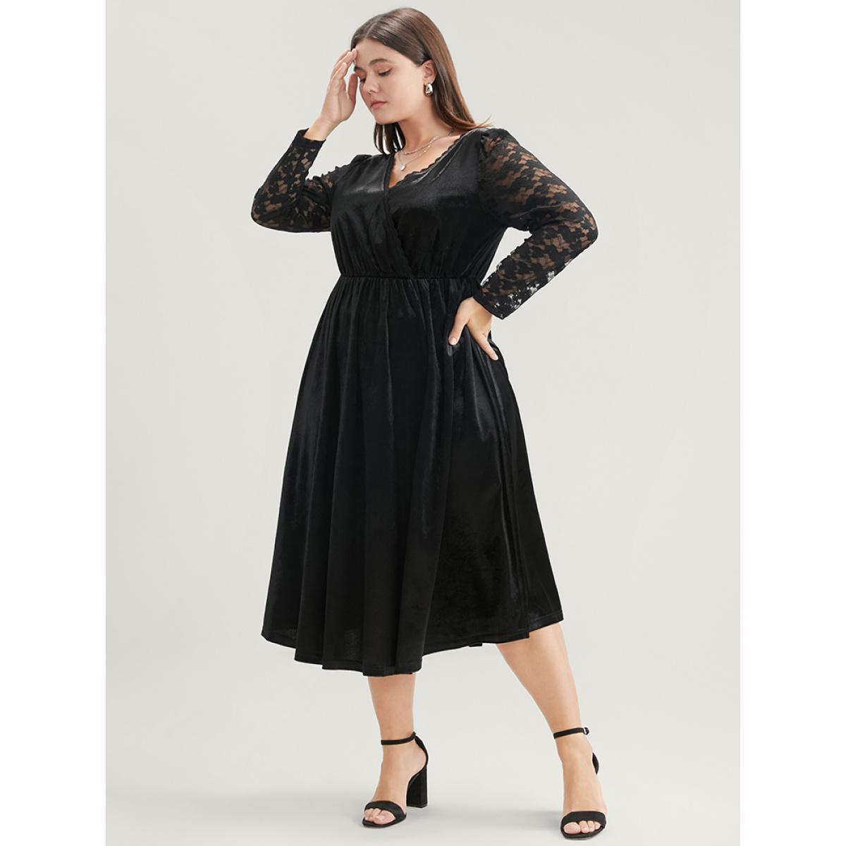 Plus Size Solid Wrap Contrast Lace Velvet Midi Dress Black Women Party Patchwork V-neck Long Sleeve Curvy Midi Dress BloomChic 18-20/2X Product Image