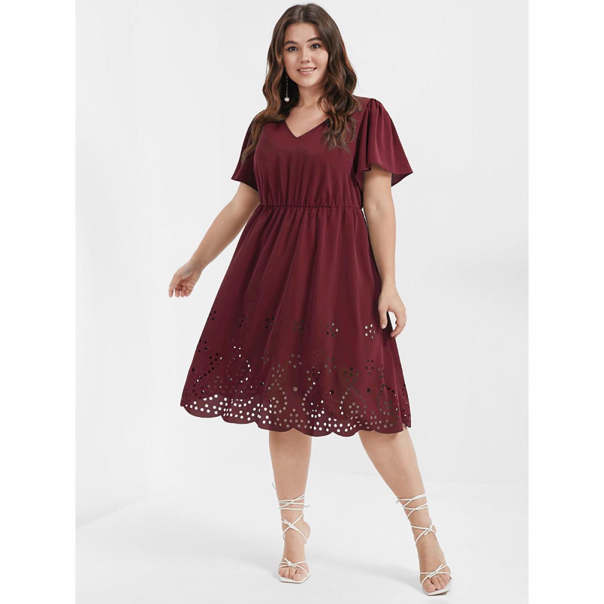 Plus Size Solid Ruffles Pocket Broderie Anglaise Knee Dress Burgundy Women Elegant Cut-Out V-neck Short sleeve Curvy Knee Dress BloomChic 14-16/1X Product Image