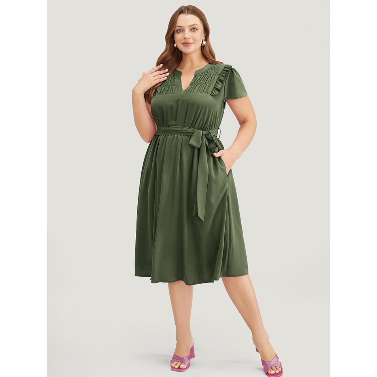 Plus Size Plain Notched Shirred Frill Trim Pocket Belted Dress ArmyGreen Women Office Gathered Notched collar Short sleeve Curvy Midi Dress BloomChic 10/M Product Image