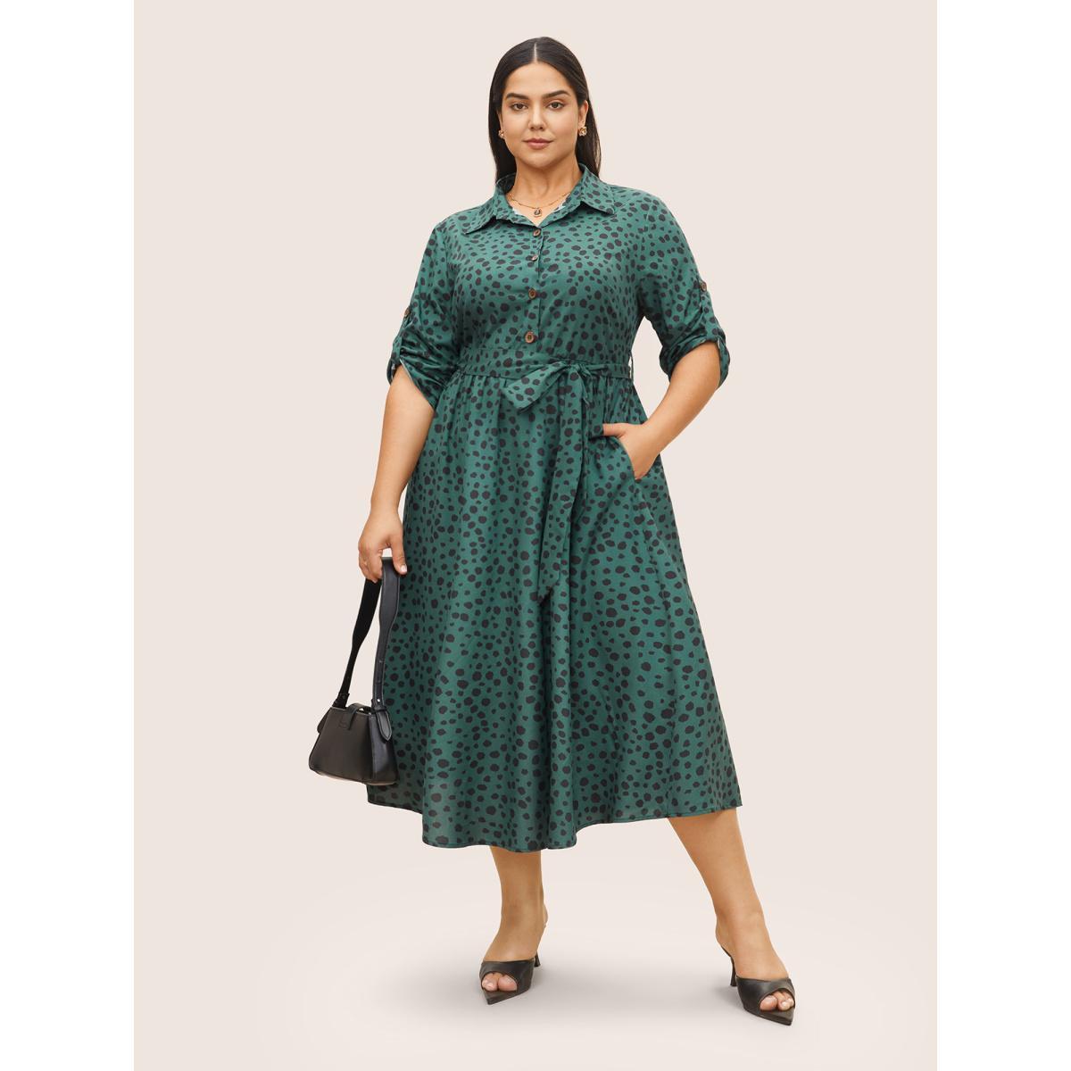 Plus Size Shirt Collar Polka Dot Elastic Waist Belted Dress Emerald Women At the Office Non Shirt collar Half Sleeve Curvy Midi Dress BloomChic 26/4X Product Image