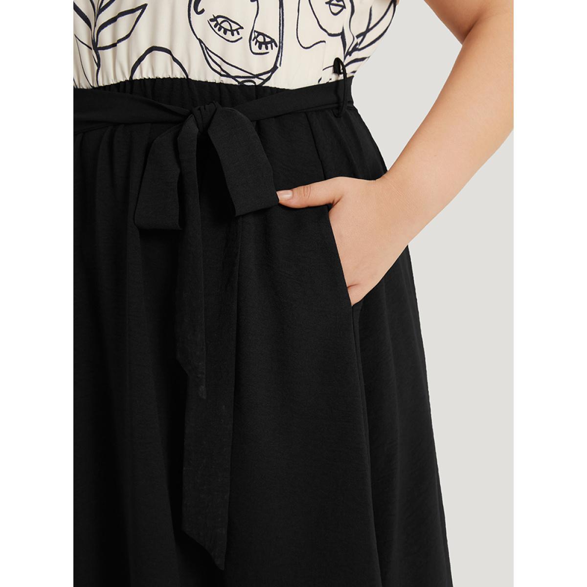 Plus Size Figure Graffiti Notched Patchwork Belted Dress Ivory Women Office Lined Notched collar Short sleeve Curvy Midi Dress BloomChic 18-20/2X Product Image