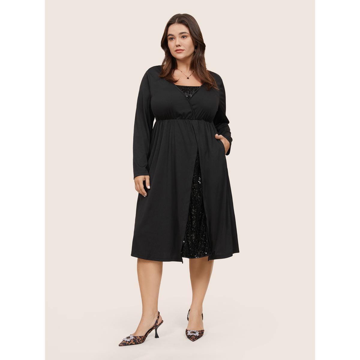 Plus Size Plain Sequin Patchwork Elastic Waist Dress Black Women Glamour Sequin Square Neck Long Sleeve Curvy Midi Dress BloomChic 12/L Product Image