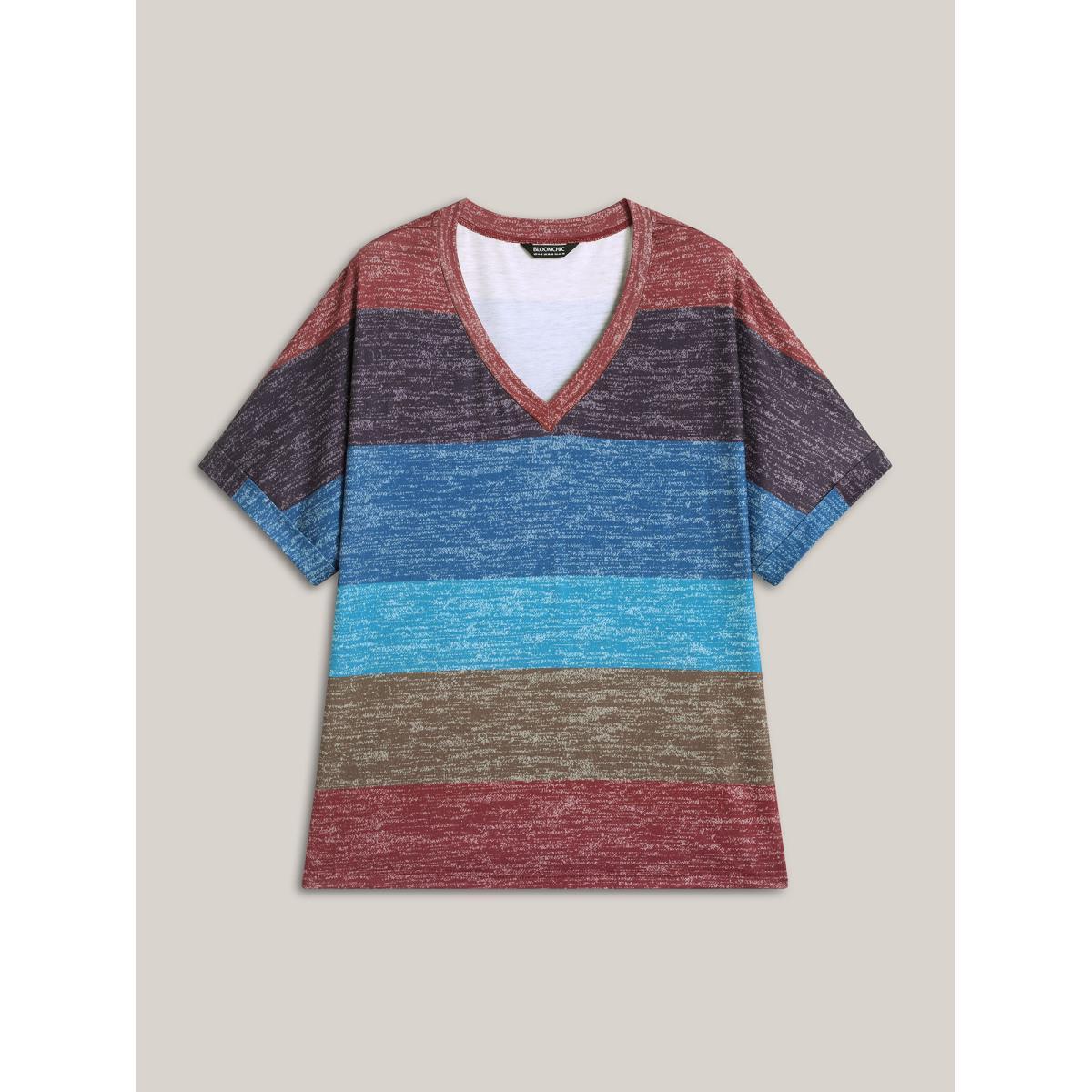 Plus Size Multi-Color Summer Stripes T-Shirt Multicolor Women Casual Contrast V-neck Everyday-Casual T-shirts BloomChic 10/M Product Image