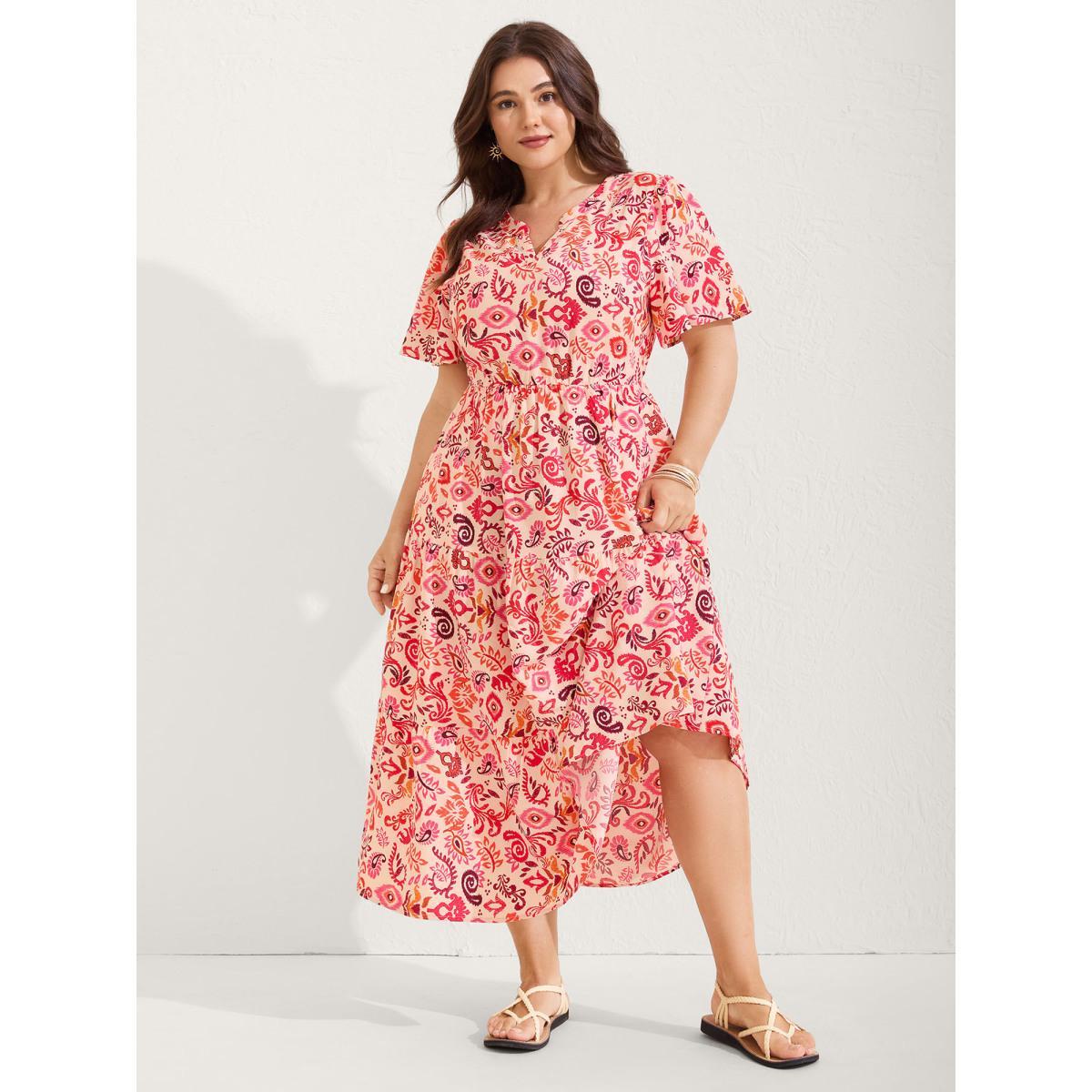 Plus Size Sweet Florals Notched Collar Midi Dress OrangeRed Women Gathered Flat collar Short sleeve Curvy BloomChic 30/6X Product Image