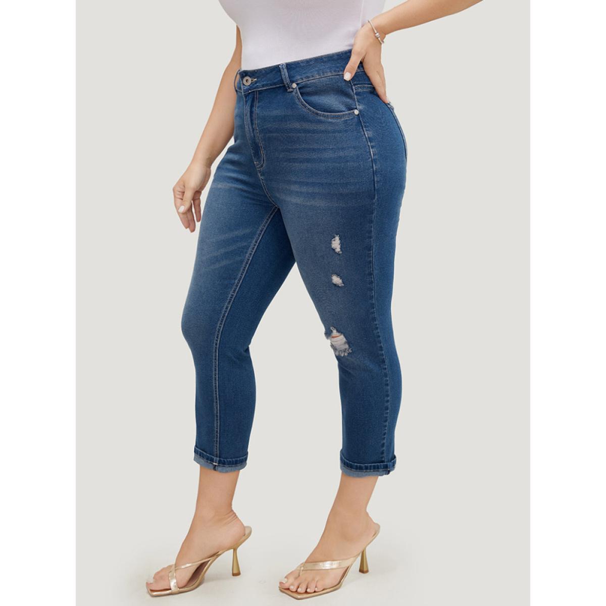 Plus Size Very Stretchy High Rise Dark Wash Ripped Detail Cropped Jeans Women Blue Casual Plain High stretch Jeans BloomChic 14/1X Product Image