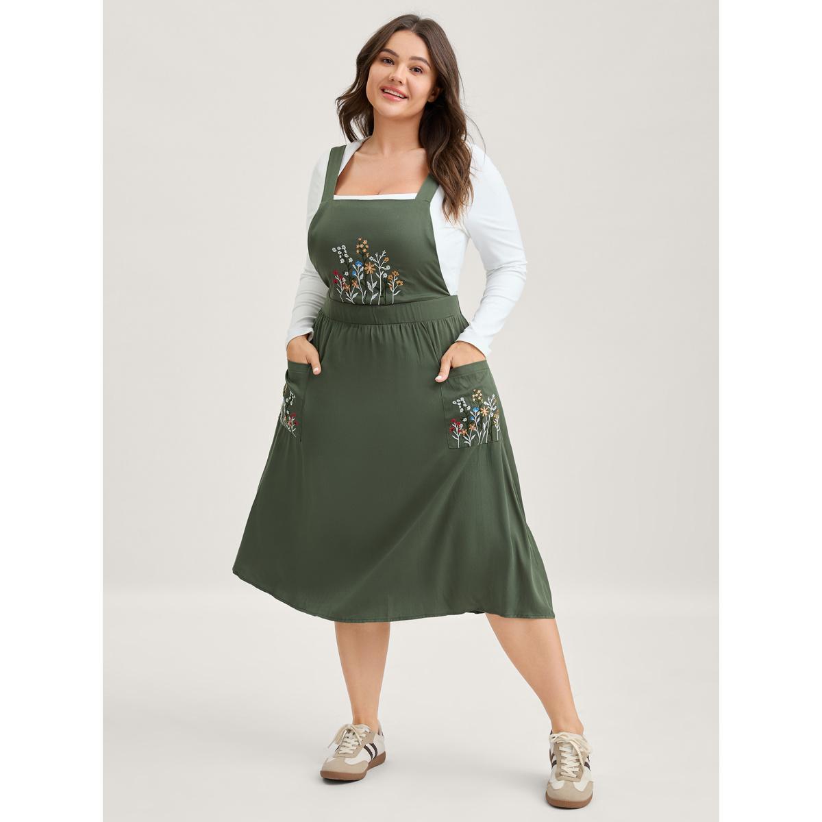 Plus Size Rayon Floral Embroidery Stretchy Waist Midi Dress ArmyGreen Women Non Sleeveless Curvy BloomChic 26/4X Product Image