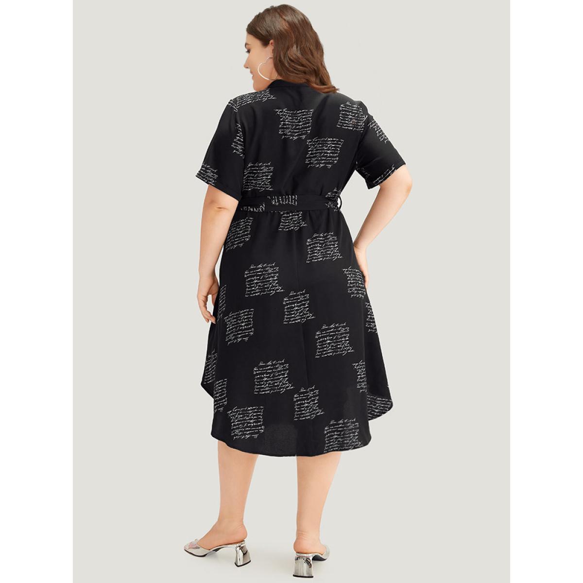Plus Size Letter Print Notched Belted Arc Hem Dress Black Women Office Belted Mock Neck Short sleeve Curvy Midi Dress BloomChic 10/M Product Image