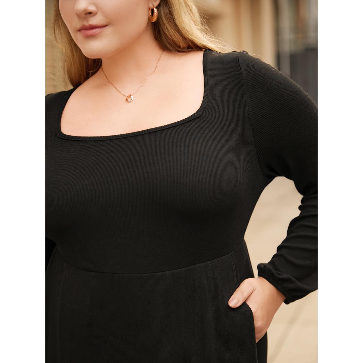 Plus Size Supersoft Essentials Elastic Waist Midi Dress Black Women Basics Texture Square Neck Long Sleeve Curvy BloomChic 10/M Product Image